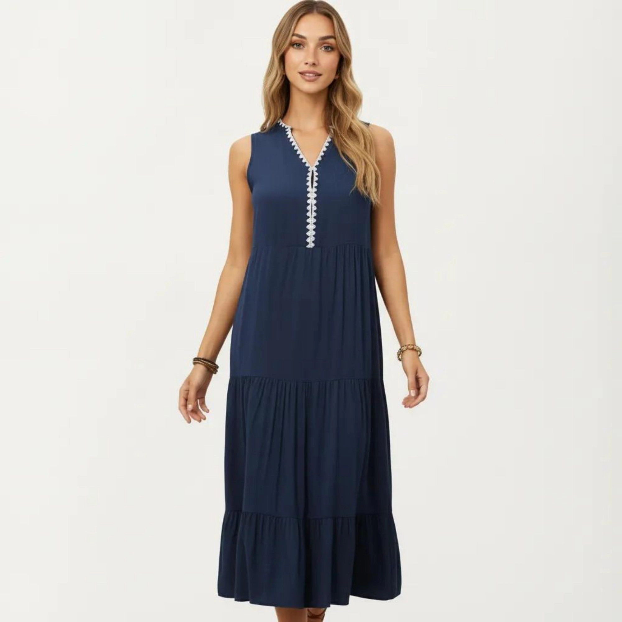 Anna-Kaci Women's Sleeveless V Neck Contrast Trim Detail Tiered Skirt Relaxed Flowy Fit Midi Dress