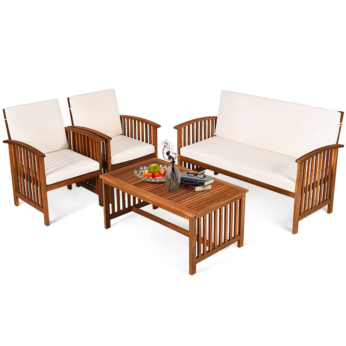 SUGIFT Loveseat and Table 4-Piece Solid Acacia Wood Patio Sofa Set