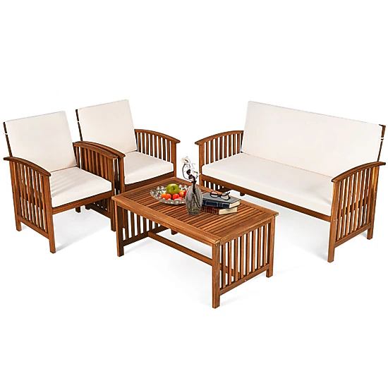 SUGIFT Loveseat and Table 4-Piece Solid Acacia Wood Patio Sofa Set