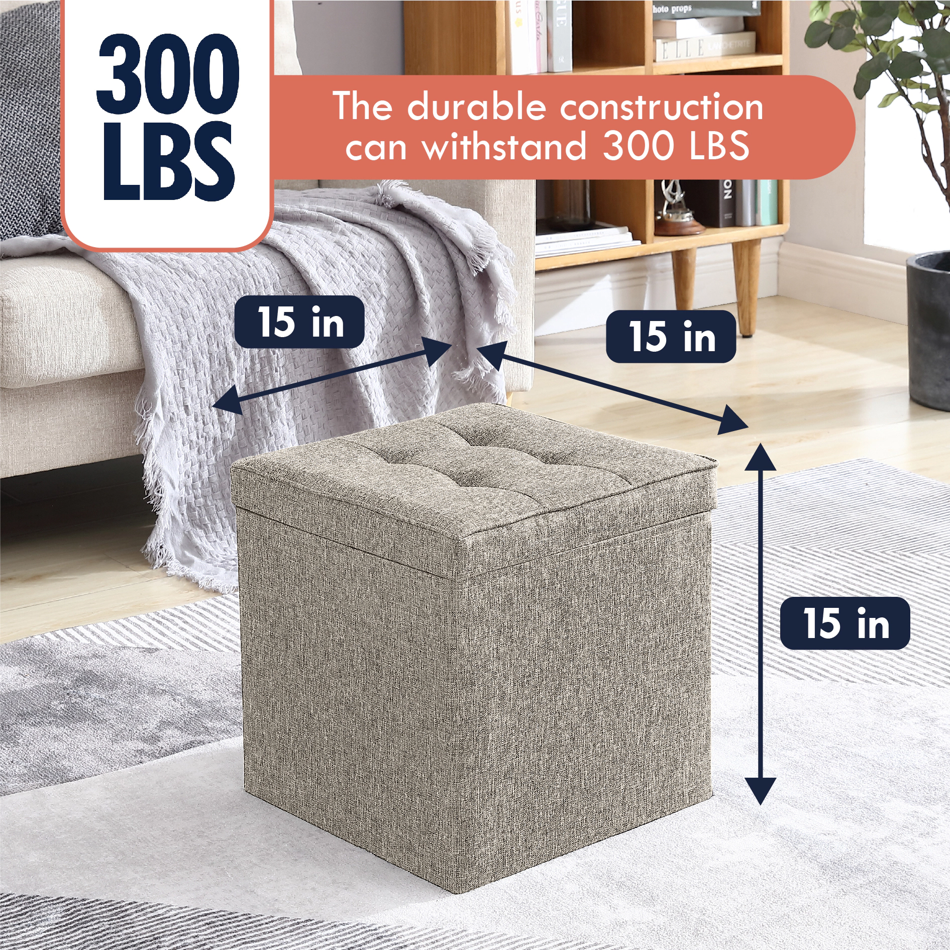 Ornavo Home Collapsible Tufted Linen Square Coffee Table Storage Ottoman