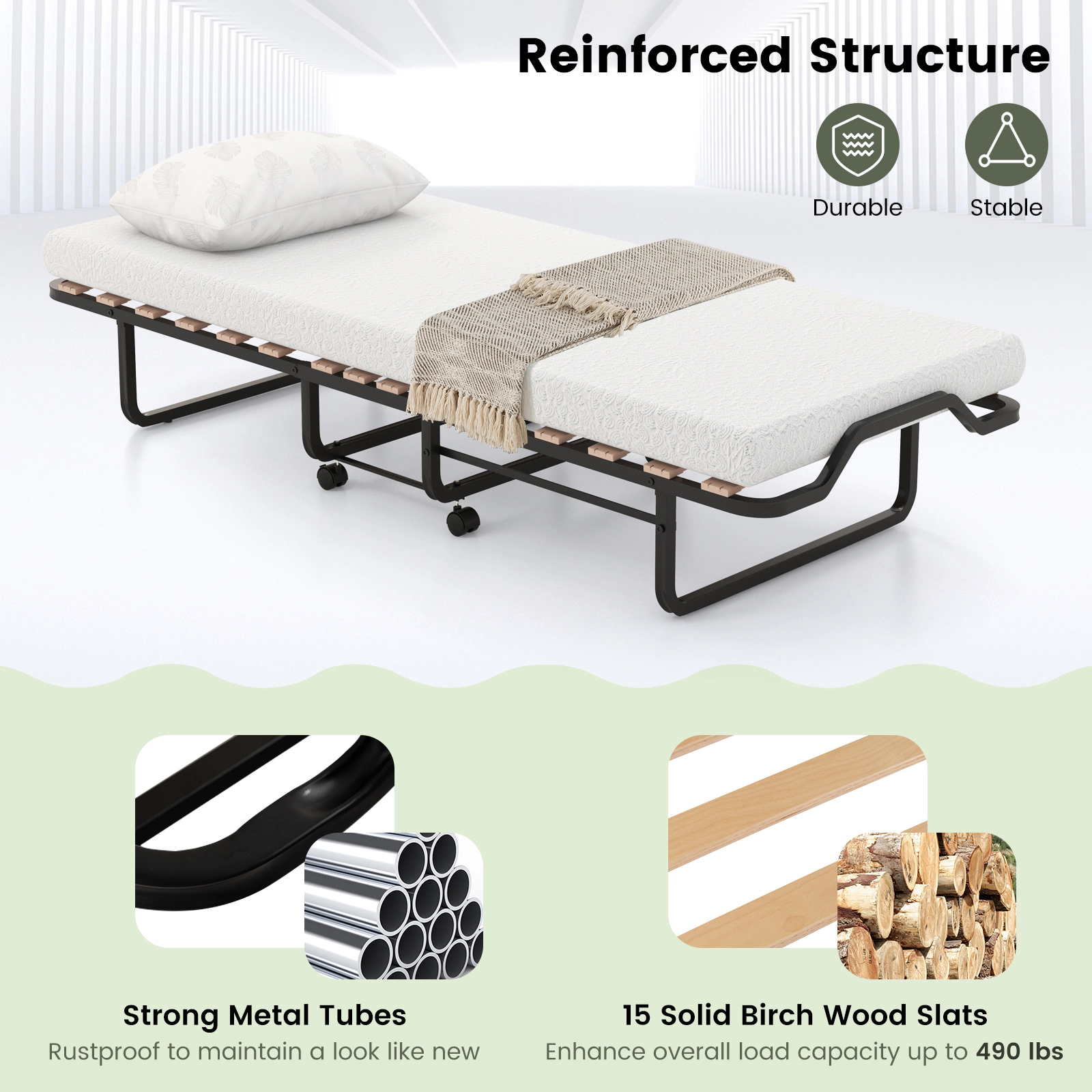 SUGIFT Twin Size Folding Bed with 4-in Foam Mattress and Lockable Wheels 490-lb Capacity Black and White