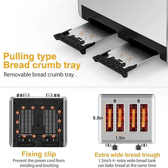 WHALL 4 Slice Stainless Steel Toaster with Dual Control Panels, 6 Shade Settings & Bagel Setting