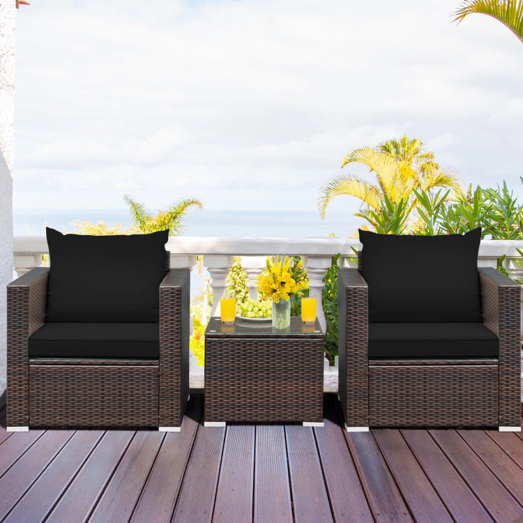 Hivvago 3 Pcs Patio Conversation Rattan Furniture Set With Cushion