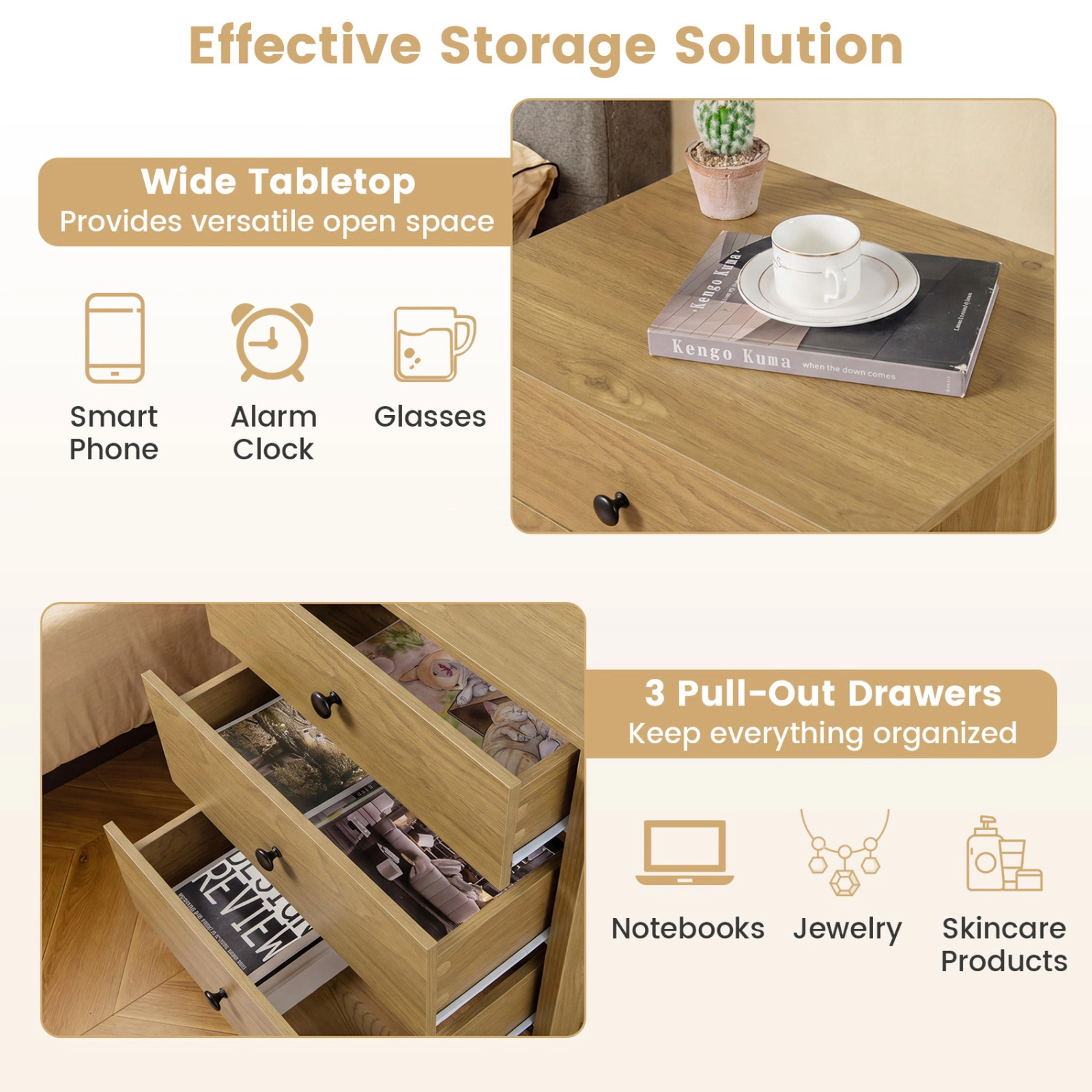 SUGIFT 3-Drawer Nightstand Bedside Table 135-lb Tabletop Capacity with Storage Walnut/White/Black