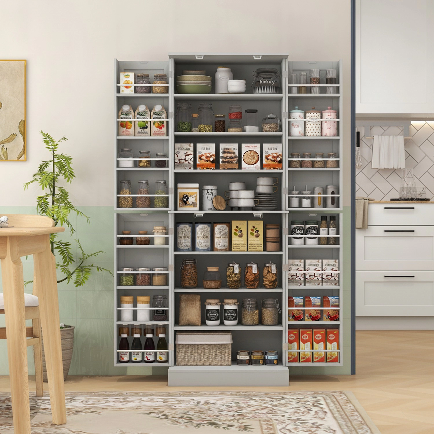 HONGGE 65" Kitchen Cabinet, Kitchen Pantry Cabinet with 4 Doors and 16 Door Shelves for Dining Room