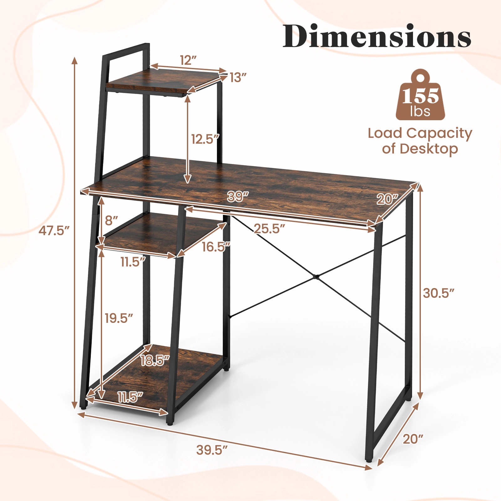 SUGIFT Computer Desk with 3-Tier Storage Bookshelf and 155-lb Desktop Capacity Rustic Brown & Black
