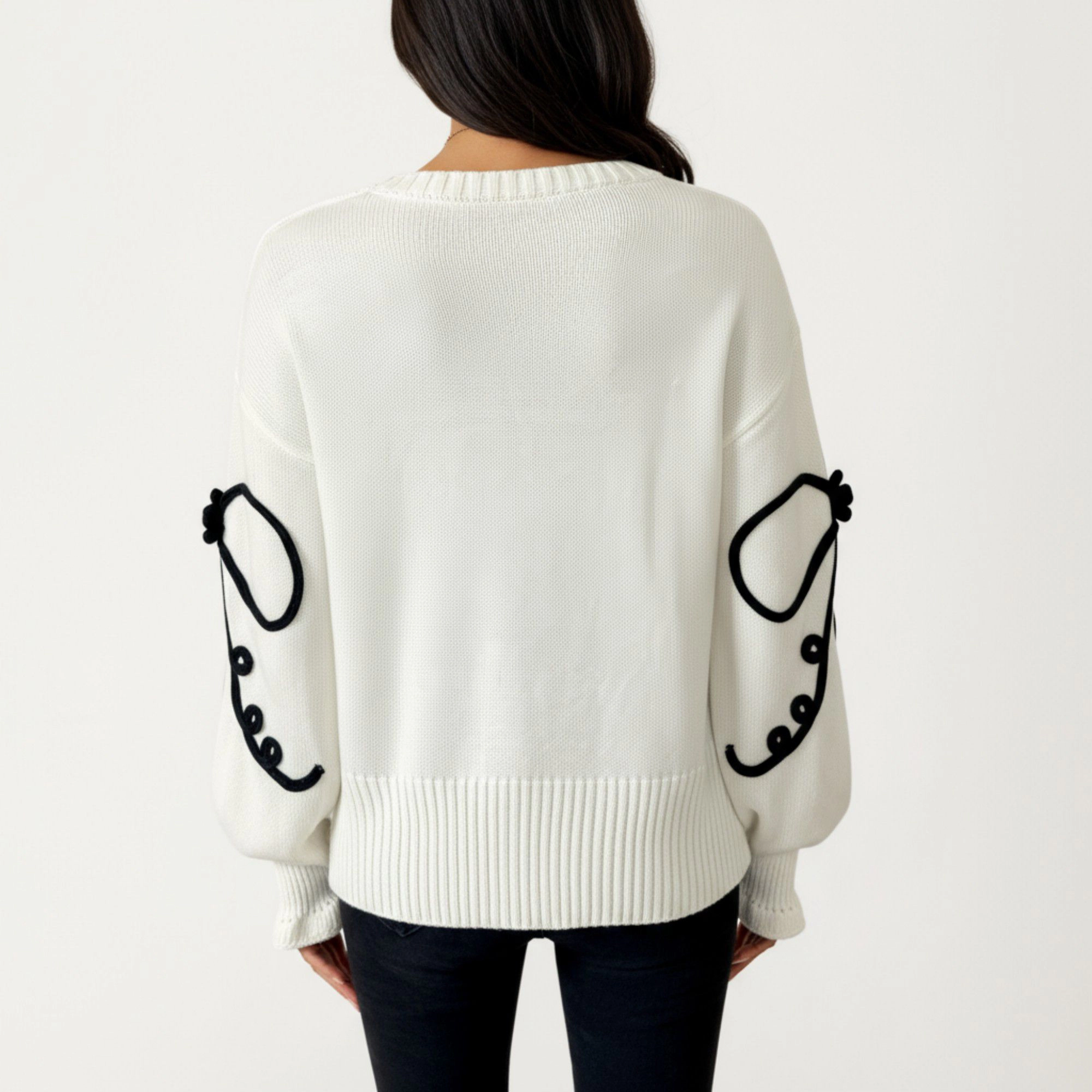 Anna-Kaci Women's Oversized Bow Embroidery Ribbed Trim Long Sleeve Knit Sweater