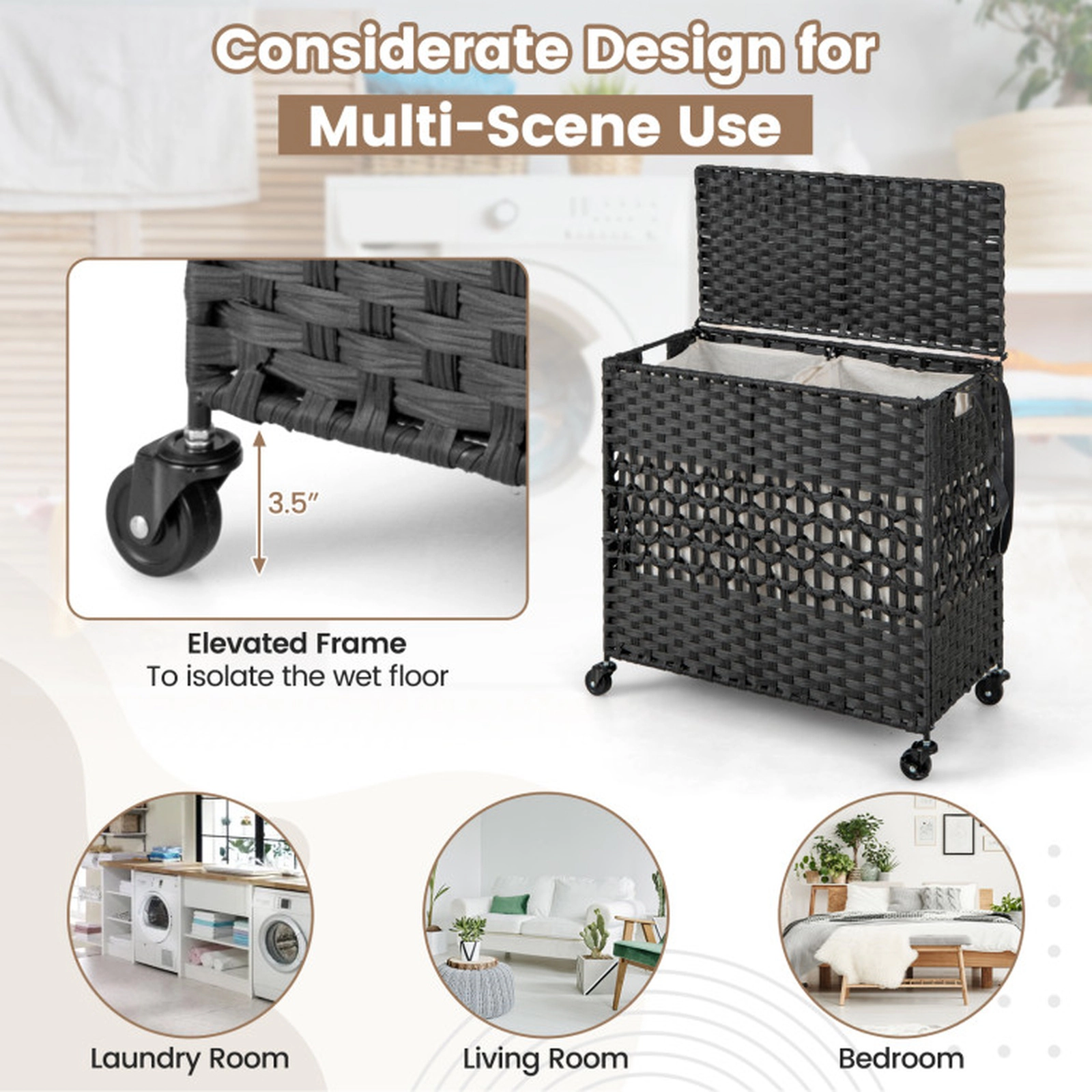 SUGIFT Black 110L 2-Section Rolling Laundry Sorter Hamper with Lockable Wheels and Washable Liners