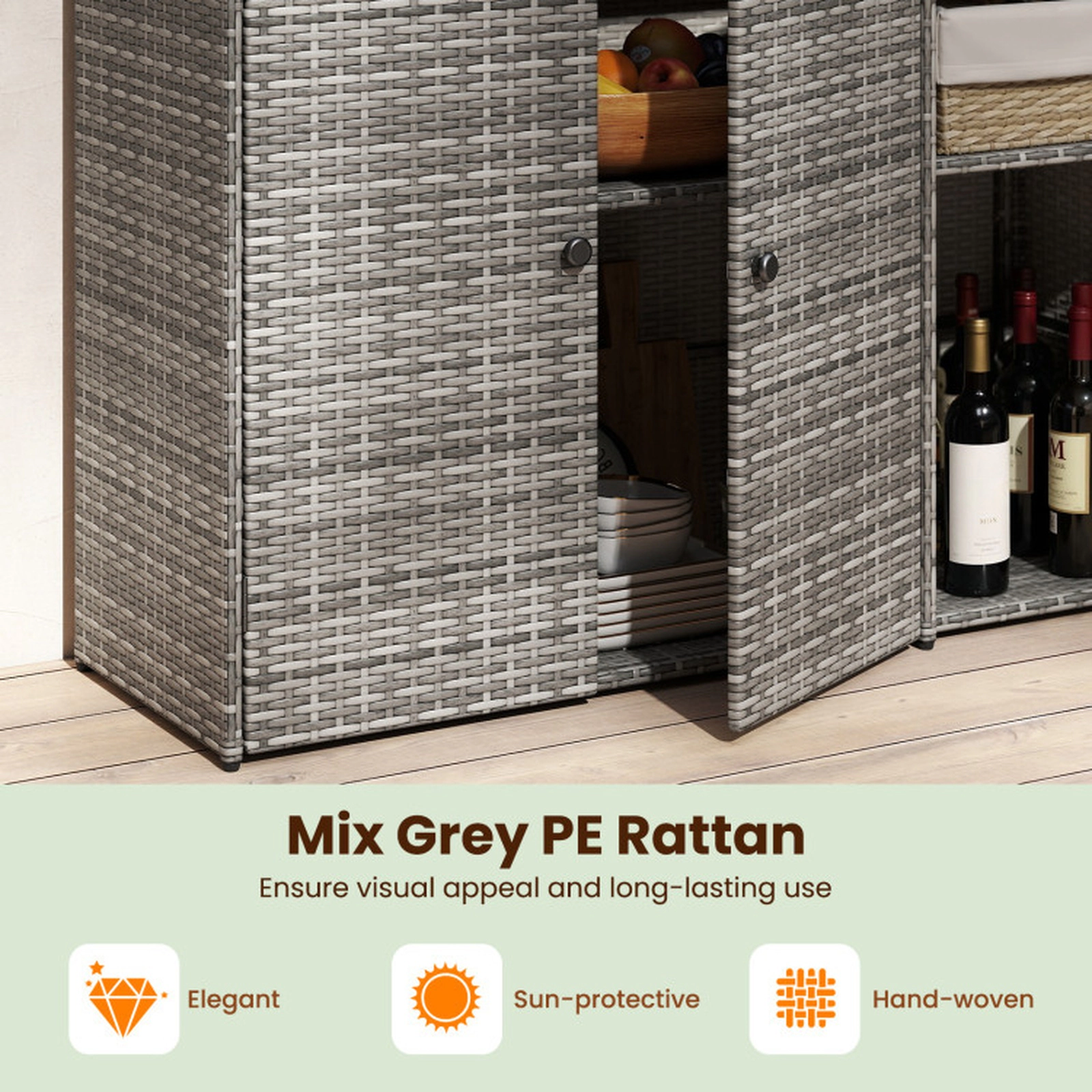 SUGIFT 3-Door PE Wicker Adjustable Shelves Outdoor Deck Storage Cabinet 48-in x 17-in x 40-in 110-lb Countertop Gray