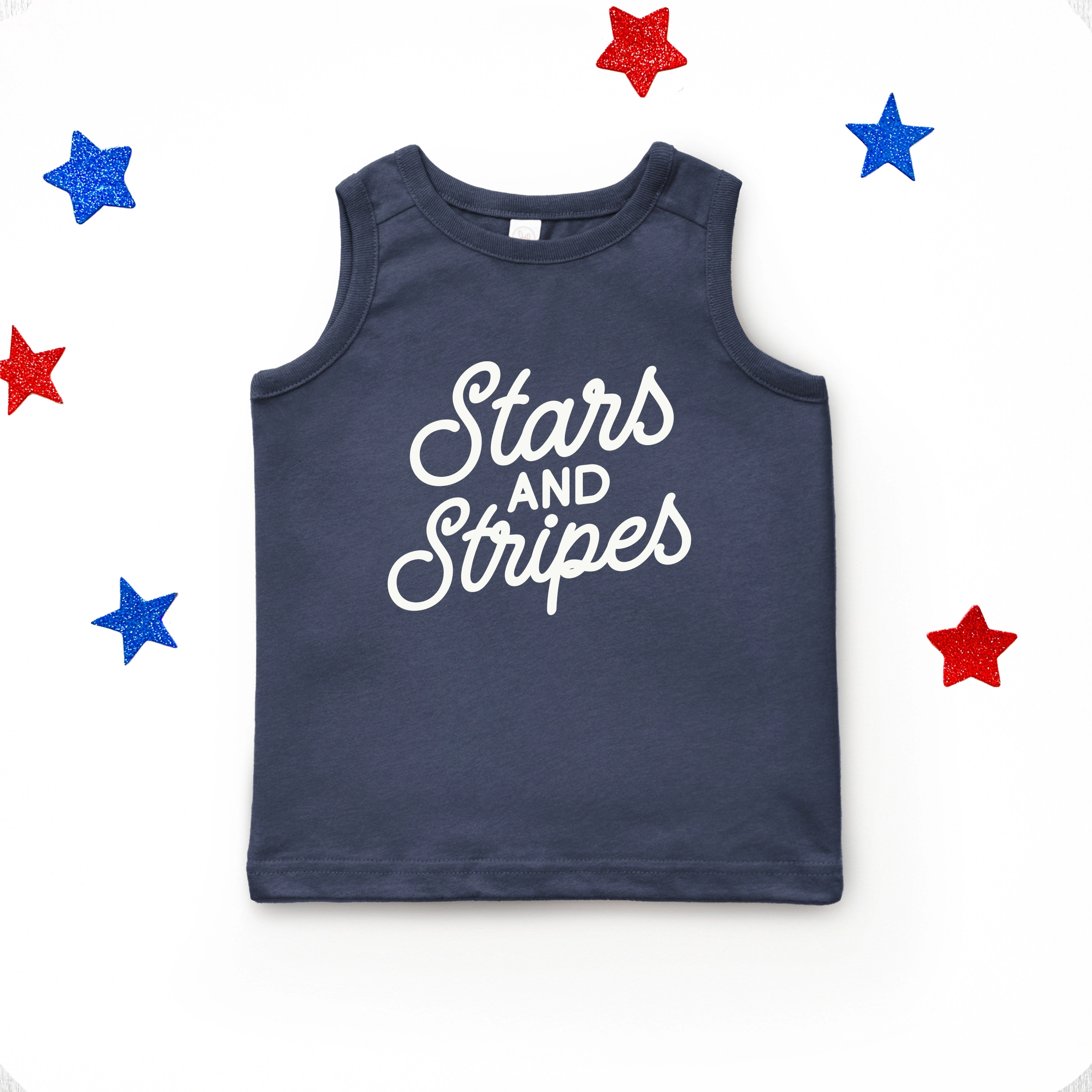 The Juniper Shop - Stars and Stripes Slanted Cursive Puff Print Youth Tank Top