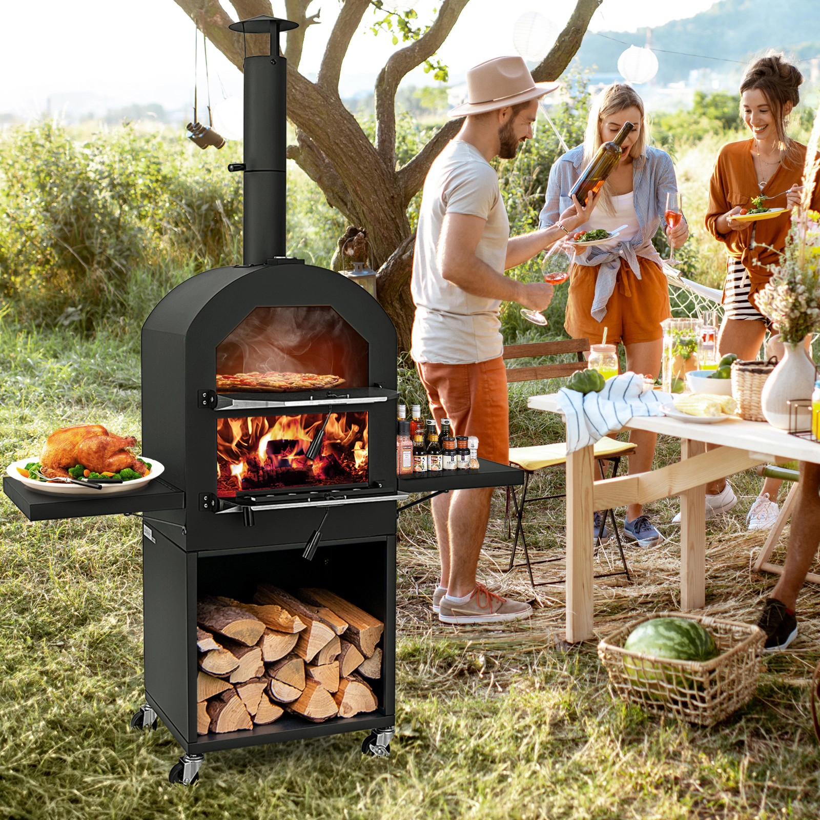 SUGIFT Outdoor Pizza Oven Grill Racks Built-in Thermometer 12 x 12-in Cordierite Stone 750 F Max 67-in Tall Black