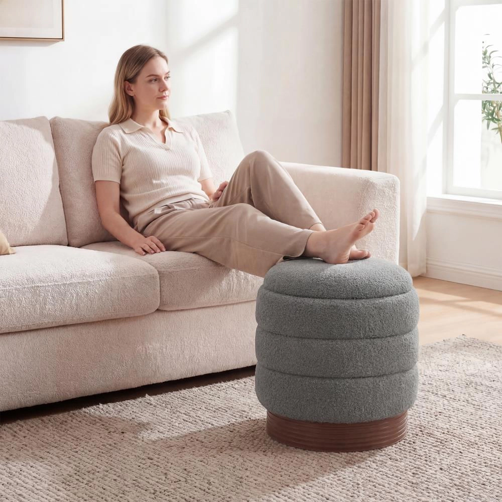 Hivvago Round Storage Ottoman With Acacia Wood Frame For Living Room