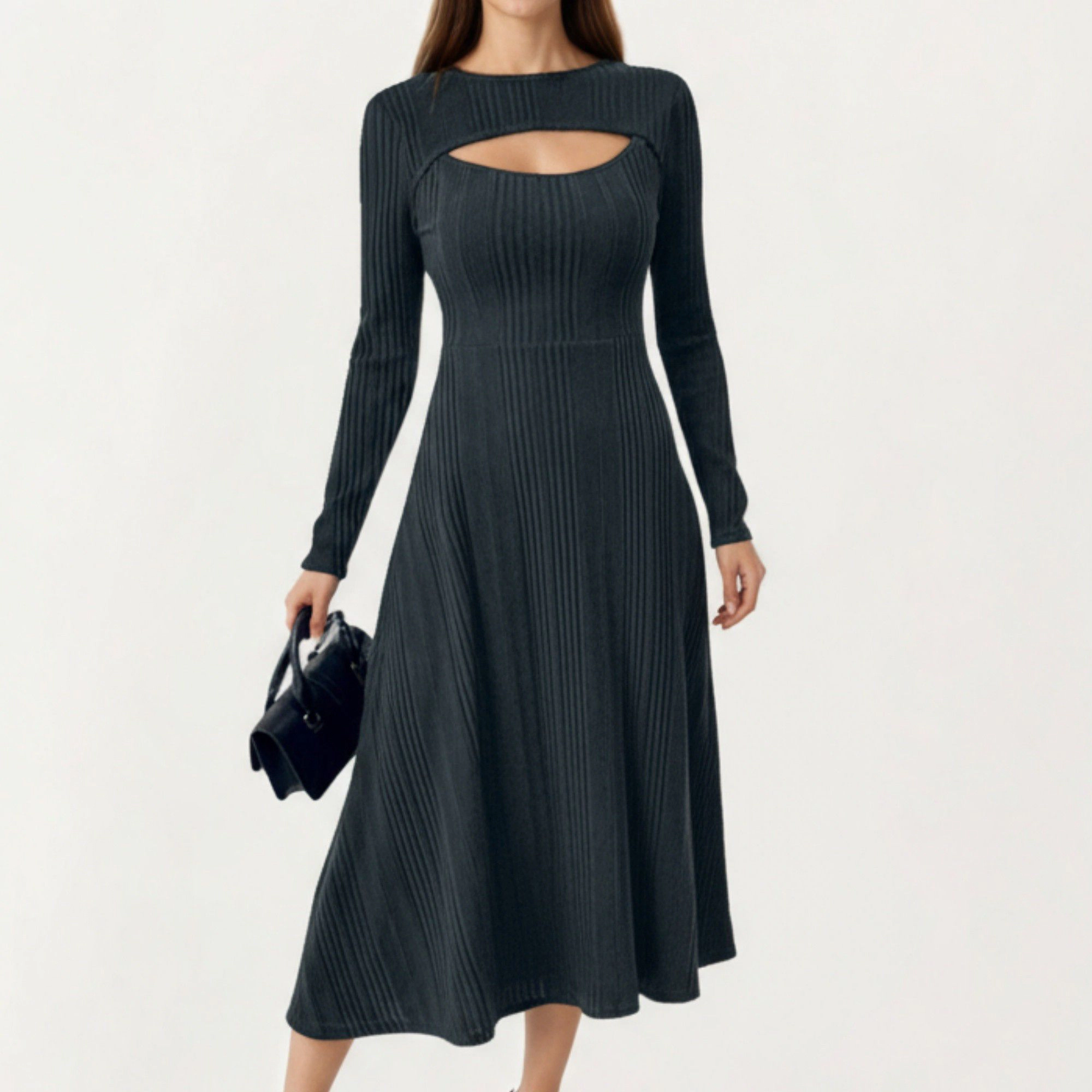 Anna-Kaci Womens Long Sleeve Ribbed Knit Midi Dress with Cutout Neckline