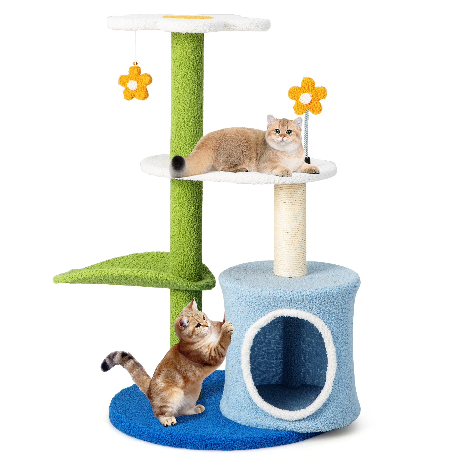 SUGIFT Blue 34.5 in 4-Tier Cat Tree with Leaf-Shaped Perch Condo and Jingling Balls
