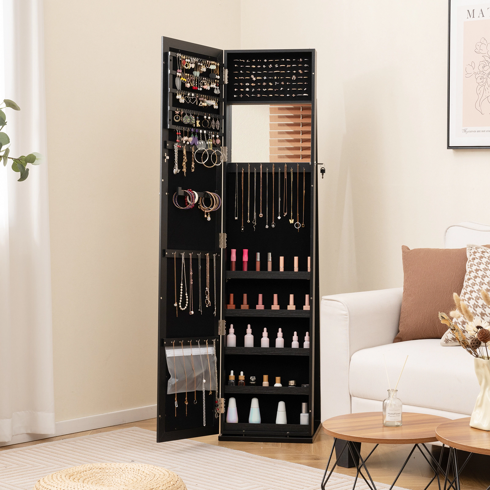 SUGIFT Standing Lockable Jewelry Storage Organizer with Full-Length 11 x 57 in Mirror 62-in Tall Brown/White