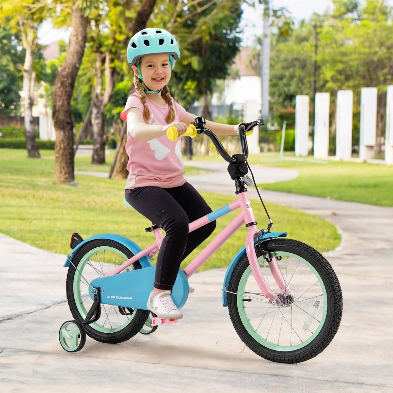 16-in Girls Bike Coaster Brake Hand Lever Removable Training Wheels Anti-Slip Grips Pedals Chain Guard Ages 4-7 Pink
