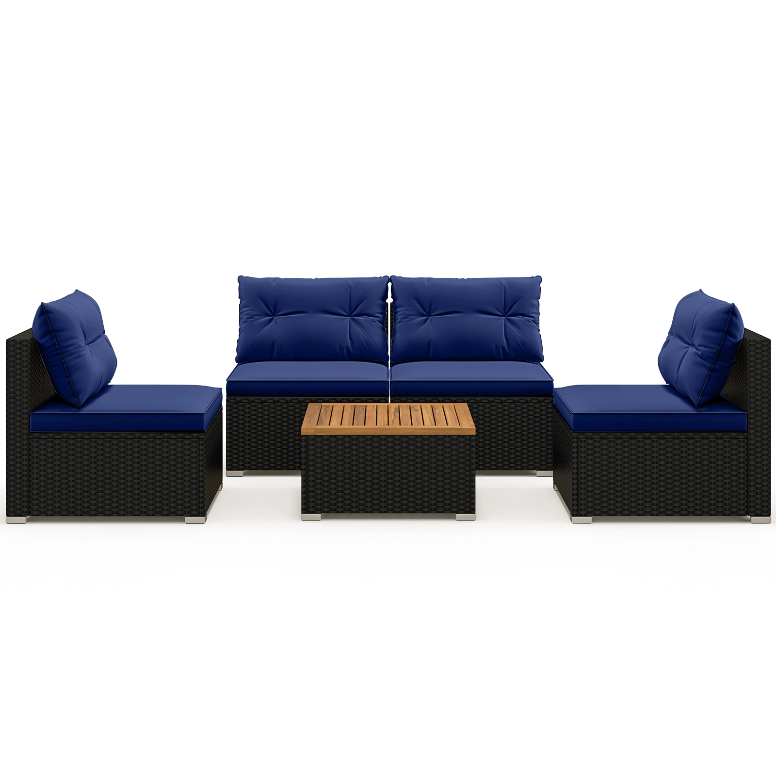 SUGIFT 5-Piece Navy Outdoor Wicker Patio Chair Set with 4 Deep-Seat Armchairs and Square Acacia Table