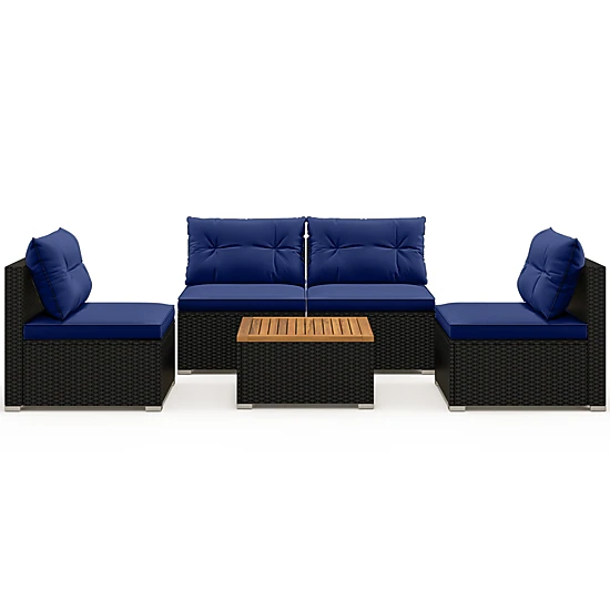 SUGIFT 5-Piece Navy Outdoor Wicker Patio Chair Set with 4 Deep-Seat Armchairs and Square Acacia Table