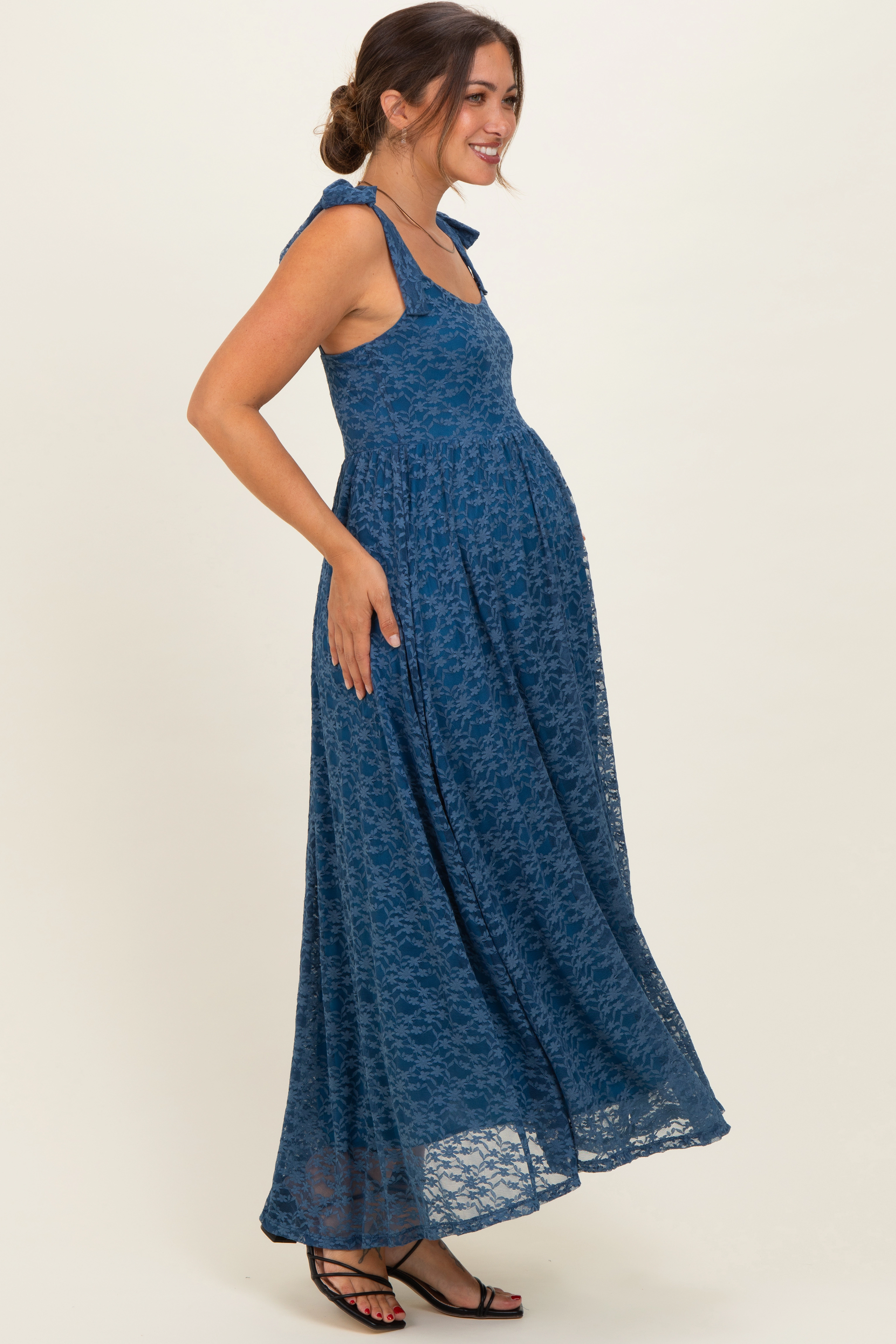 PinkBlush Womens Blue Sleeveless Lace Maternity Maxi Dress