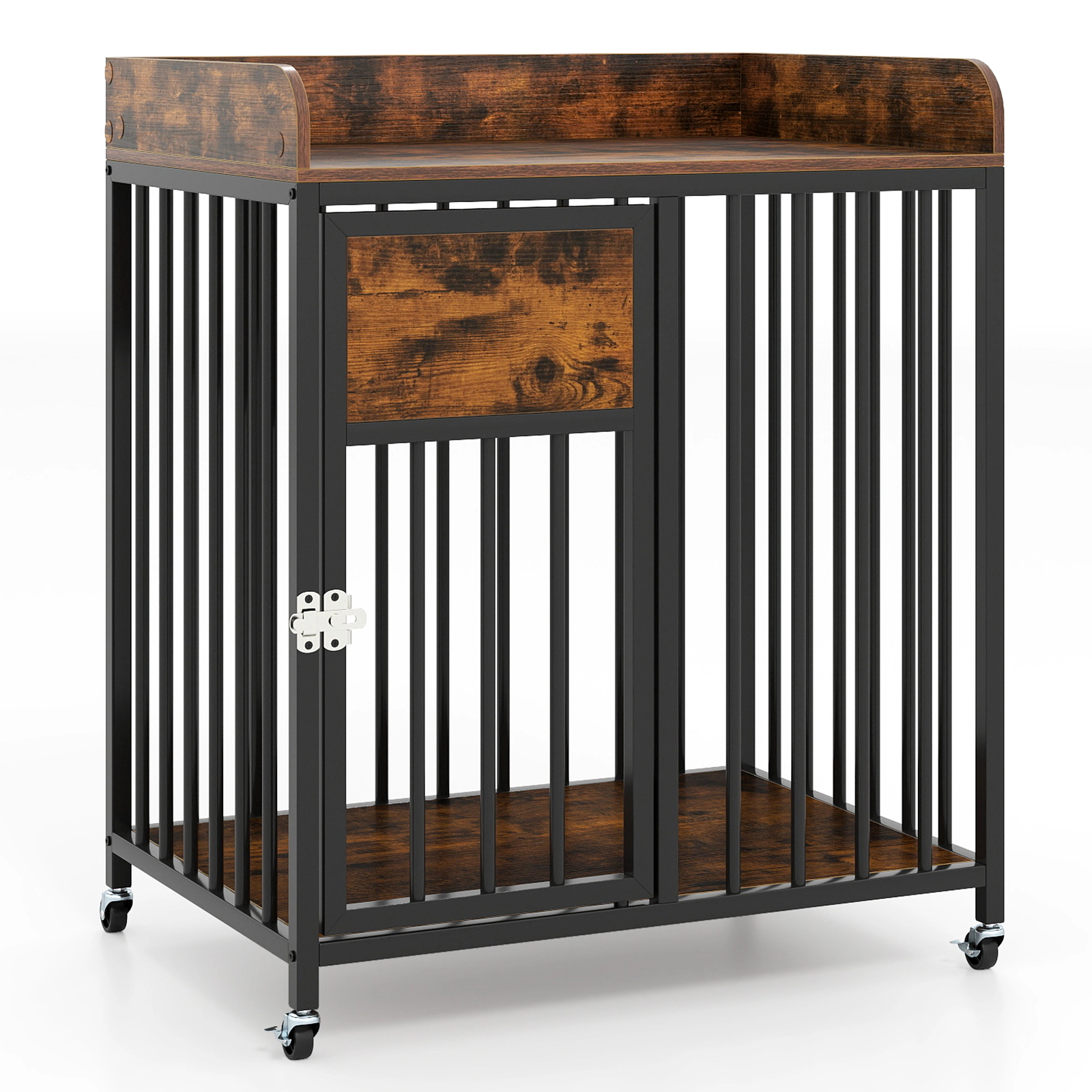 SUGIFT Rustic Brown 27.5 in End Table Kennel with Wheels for Small Dogs Dog Crate Furniture