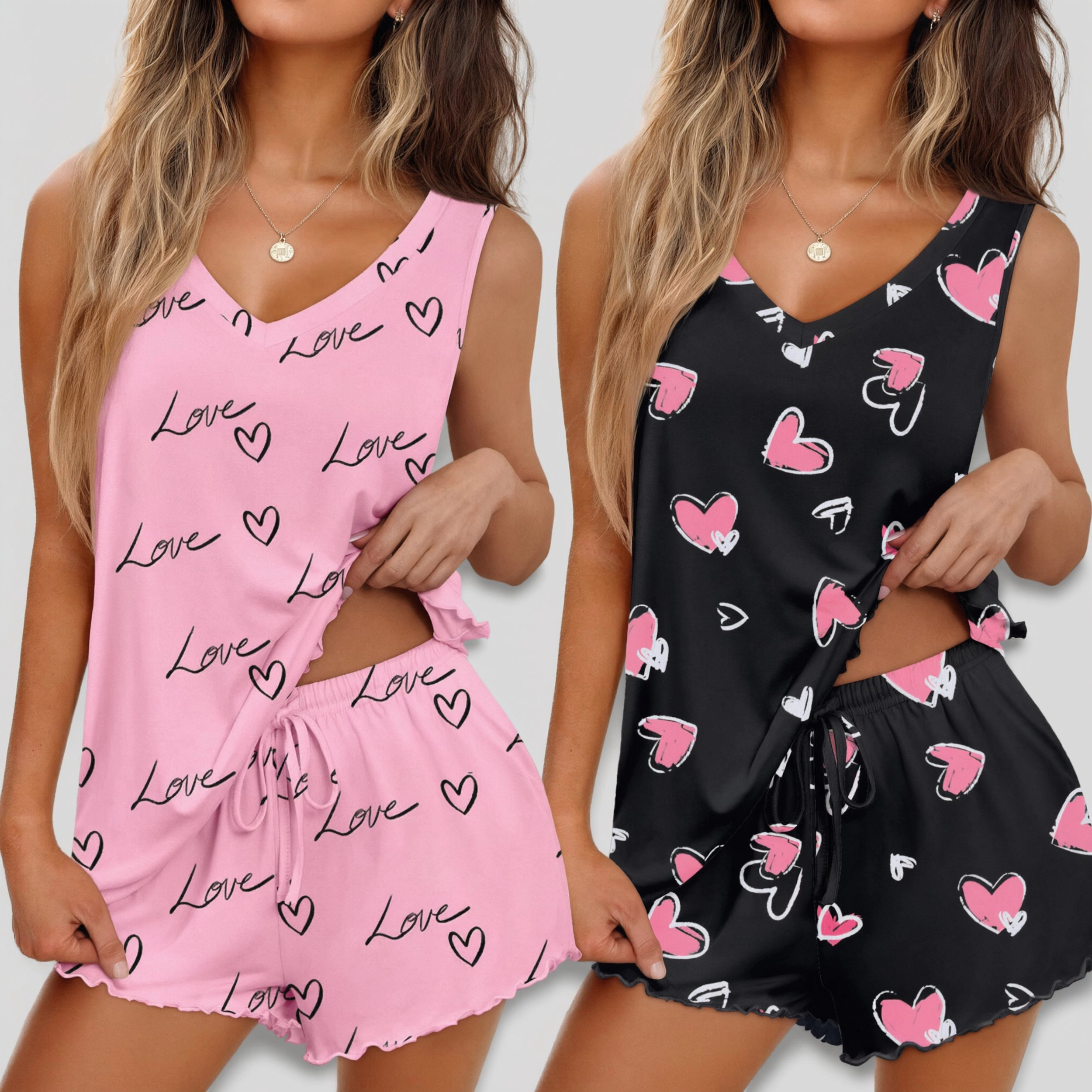 Ekouaer Two Pack Pajamas for Women Set Tank Top and Shorts Pjs Soft Sleeveless Sleepwear Summer
