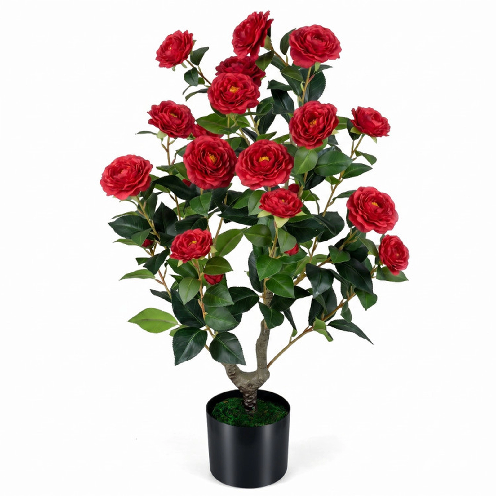 SUGIFT 35.5-in Artificial Red Camellia Tree with Dense Blooms Decorative Grass and Cement-Filled Pot