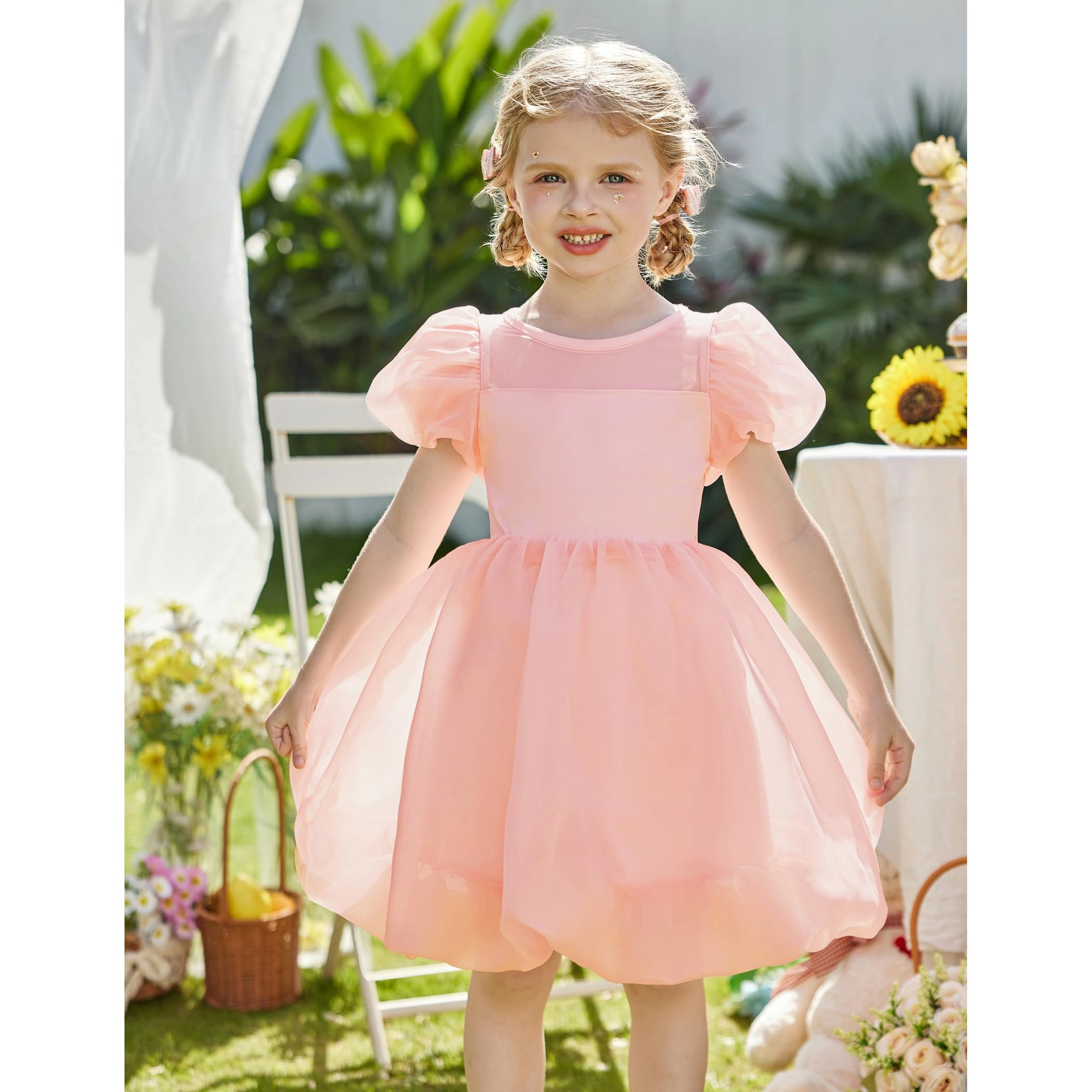 Arshiner Toddler Girls Dress Contrast Mesh Puff Short Sleeve Flowy Bubble Hem Mini Tie Dye