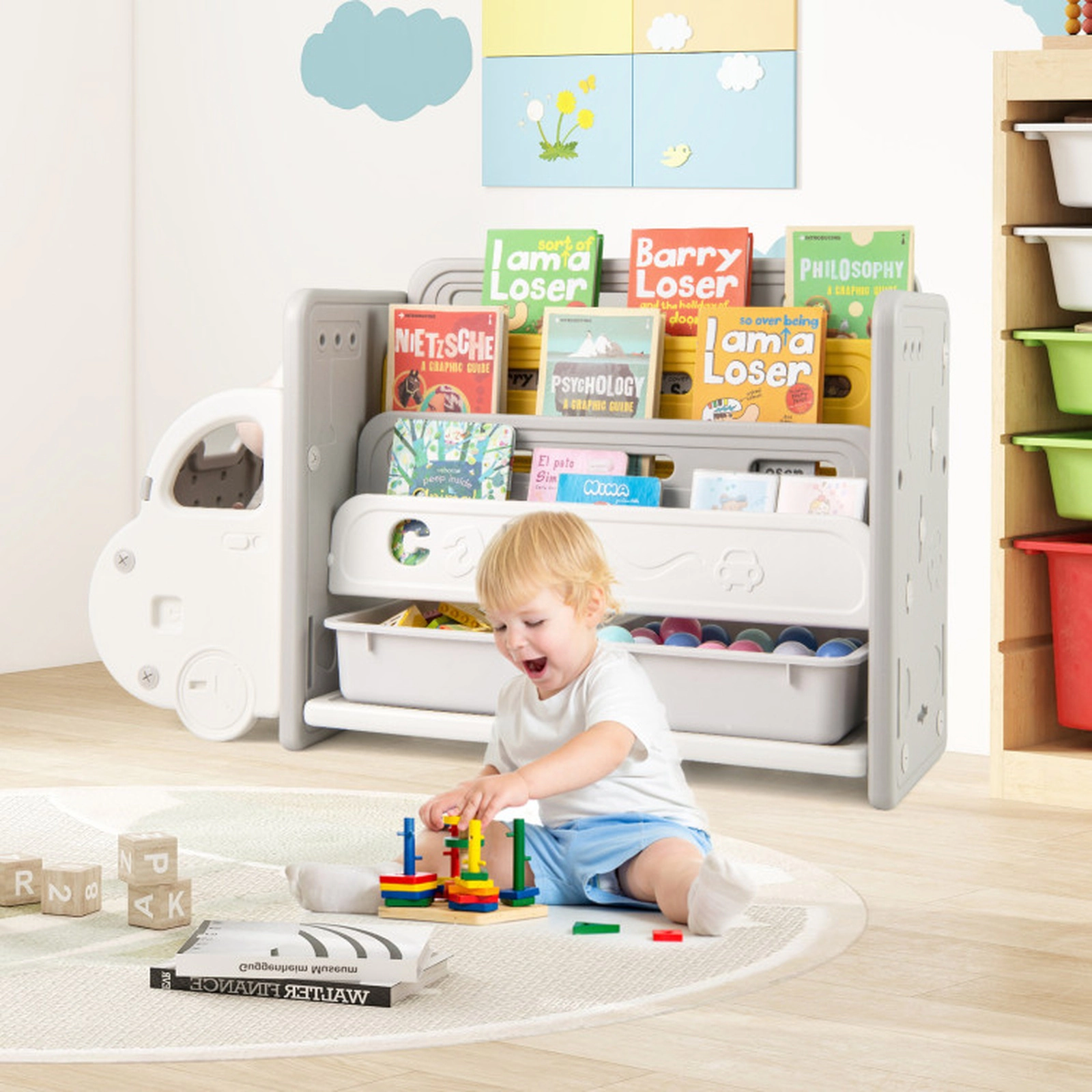 SUGIFT Kids Car Shaped 3-Tier 2 Removable Boxes Toy Storage Bookshelf 42.5-in x 14-in x 25-in Ages 3+ Beige Gray