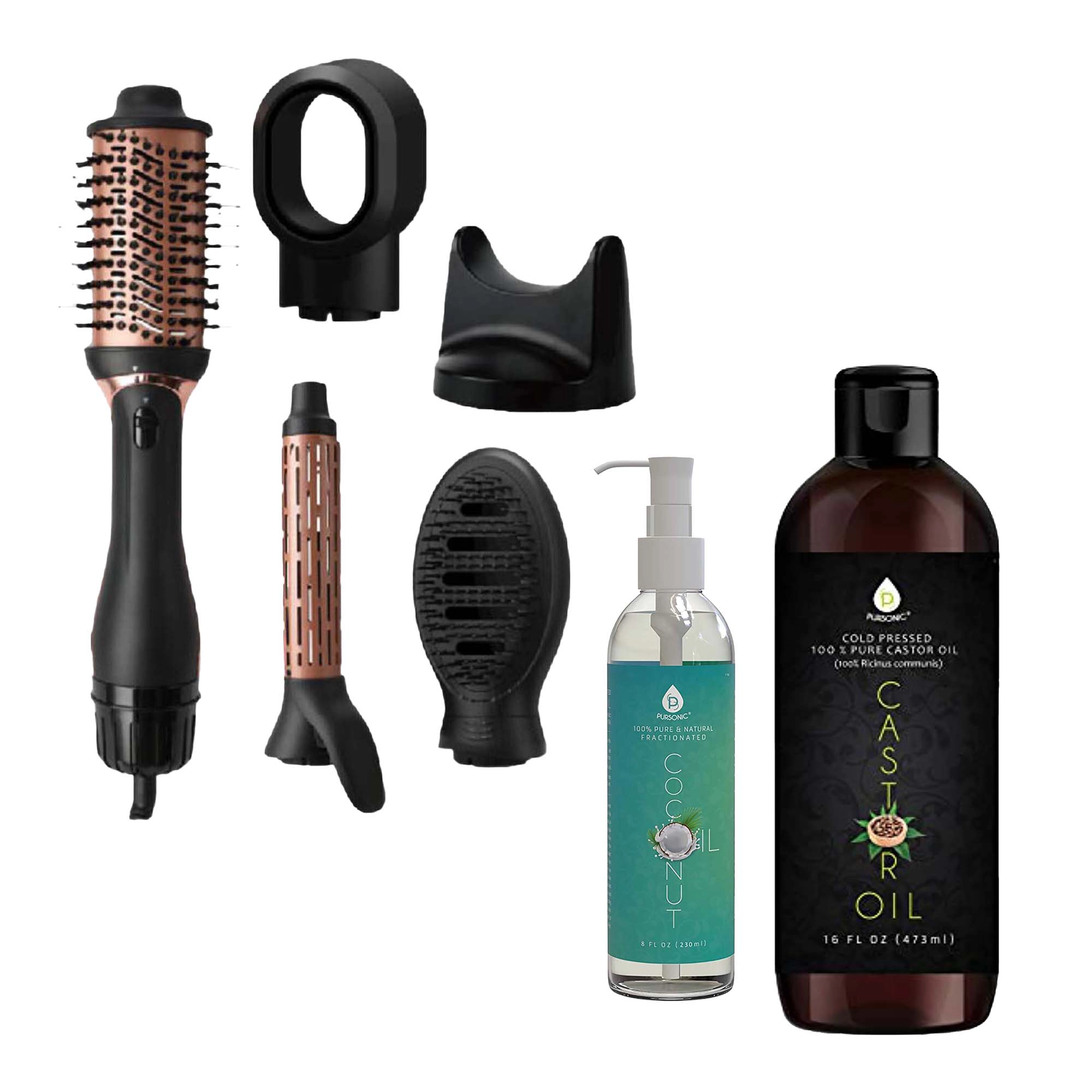 Pursonic Women's Beauty & Wellness Bundle – Coconut Oil, Castor Oil & 4-in-1 Hot Air Blower Brush Self-Care Gift Set