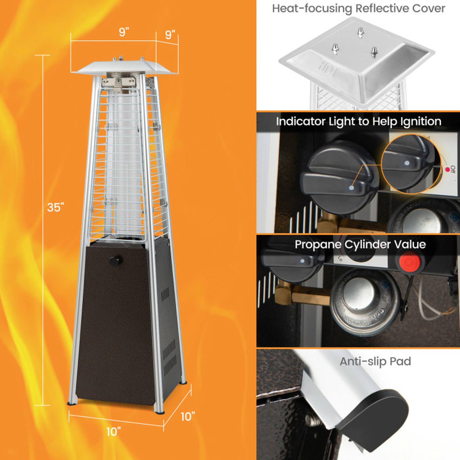 SUGIFT Bronze Portable Tabletop Propane Patio Heater with Glass Tube 9500-BTU 10-in W 10-in D 35-in H