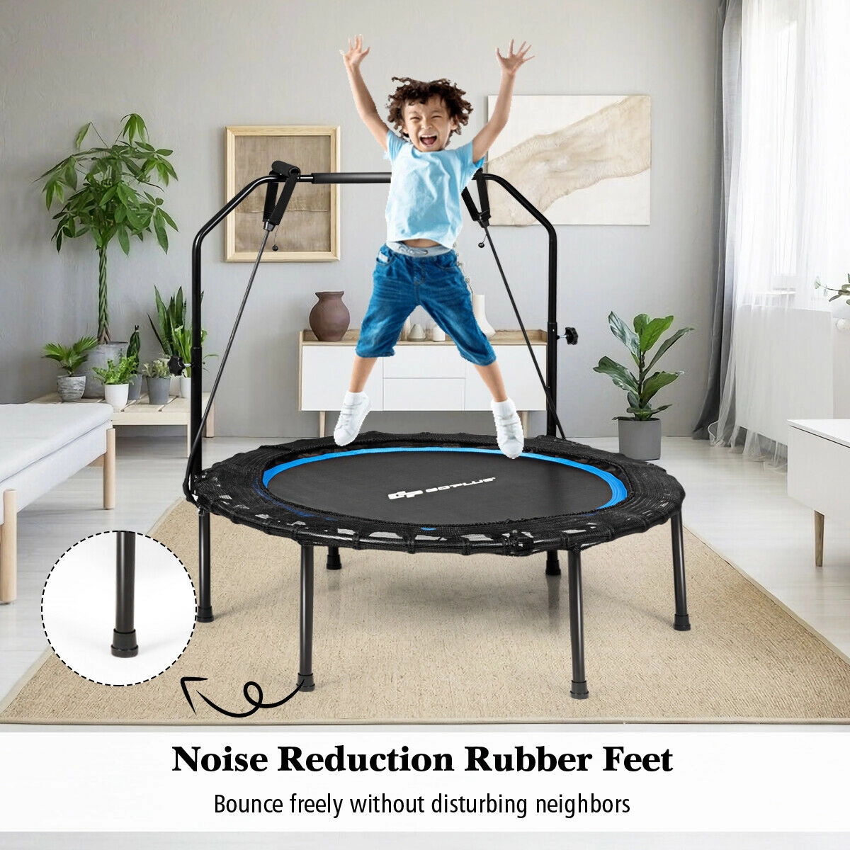 SUGIFT 40-in 330-lb Capacity Foldable Fitness Rebounder Trampoline with 3-Height Handrail and Resistance Bands