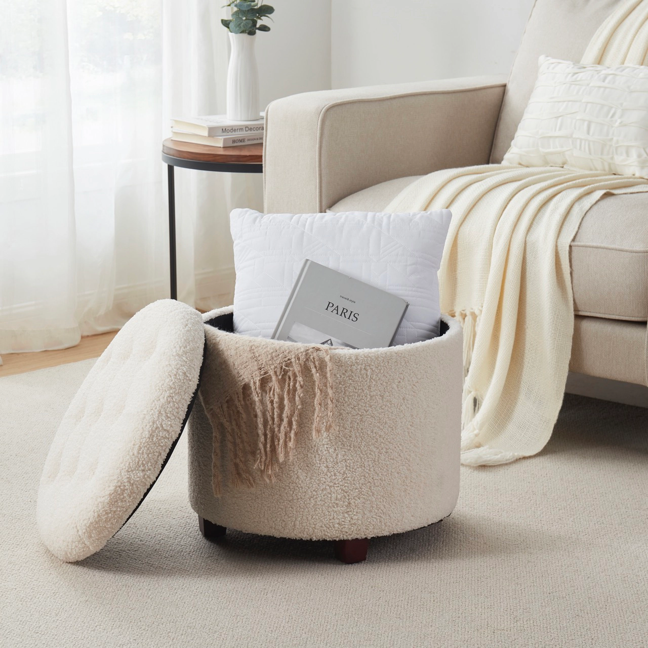 Ornavo Home White Boucle Round Tufted Storage Ottoman with Wooden Legs
