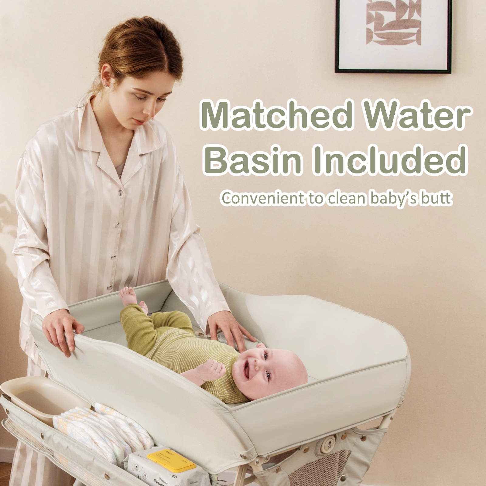 SUGIFT Baby Diaper Changing Table Green with Water Basin Growth Ruler and Wheels