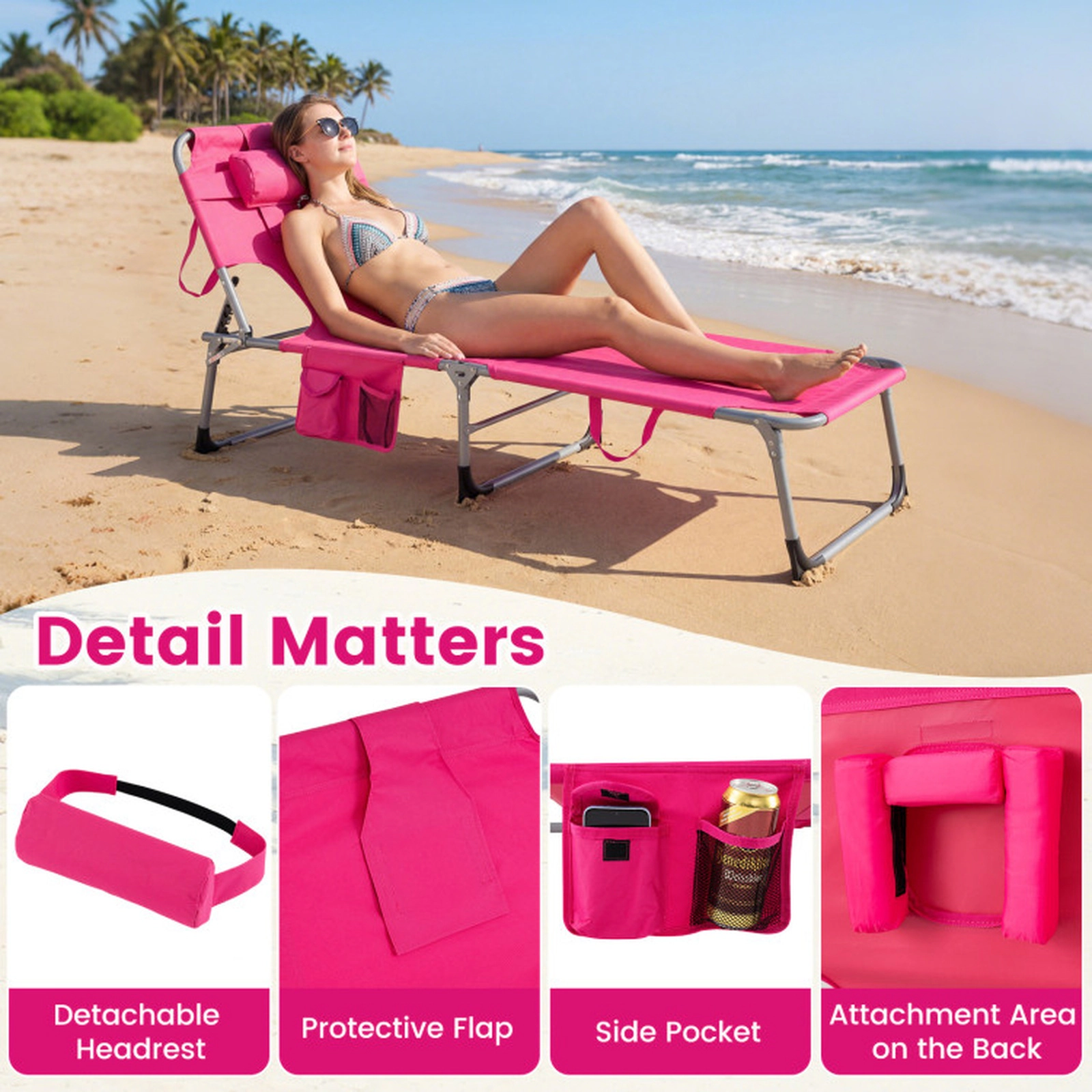 SUGIFT Set of 2 Portable Tanning Chaise Lounge Chairs with 4-Position Adjustable Backrest 330-Lb Capacity Pink