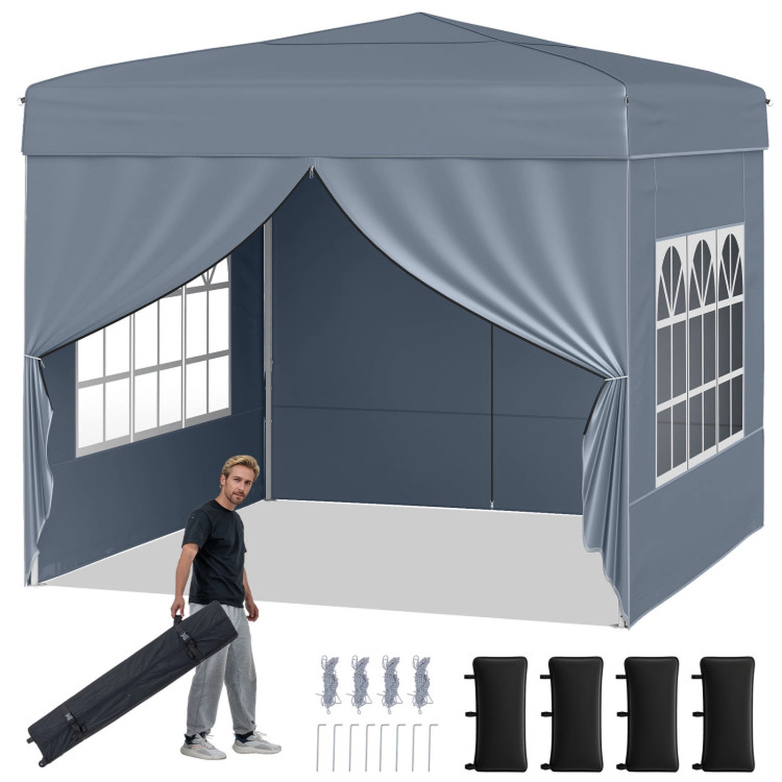 SUGIFT Gray 10-ft by 10-ft 3-Level UPF50+ Carbon Steel Pop Up Canopy Tent with 4 Sidewalls and Windows