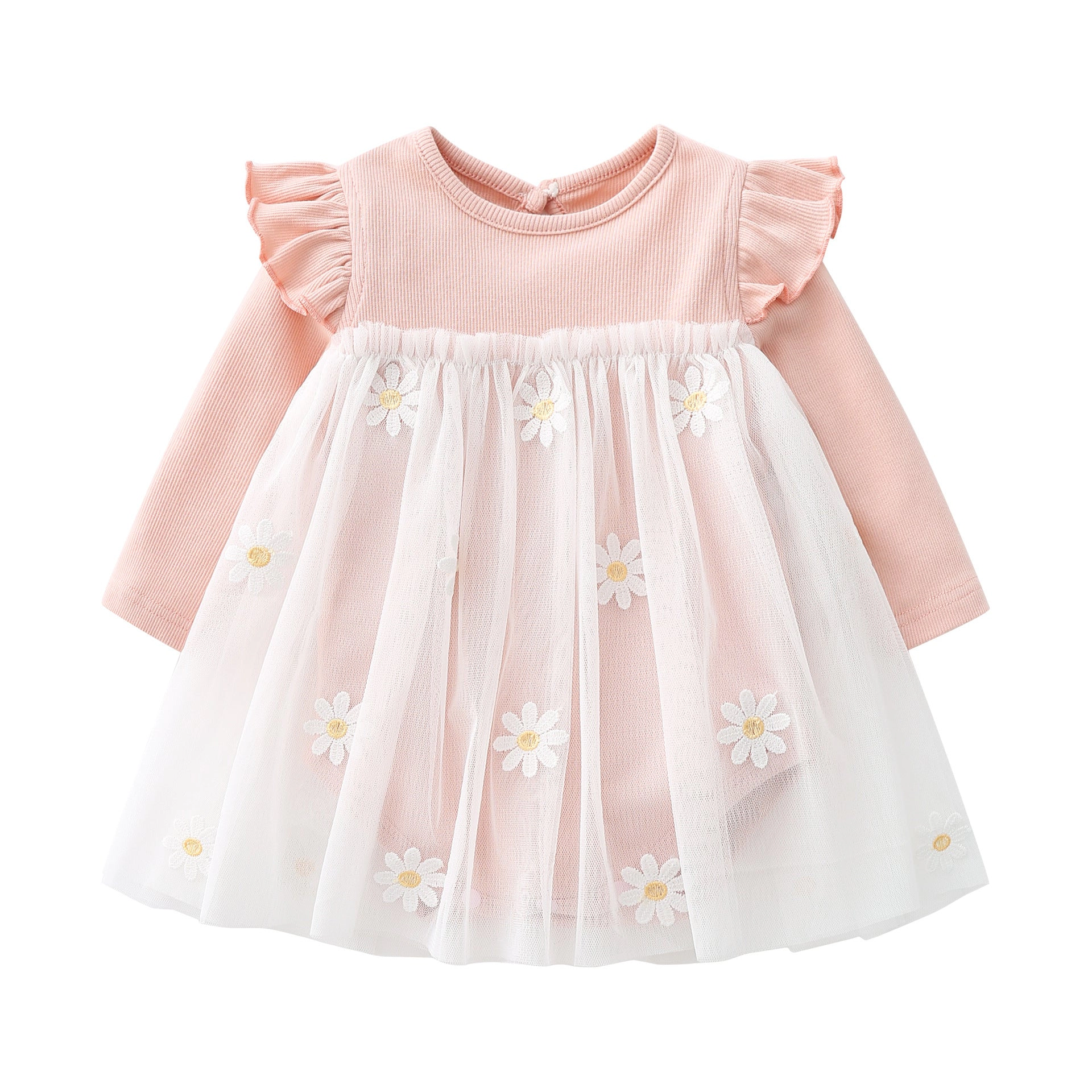 MyKids-USA Baby Girls Floral Lace Patchwork Ruffle Long-Sleeve Bodysuit Dress, Pink