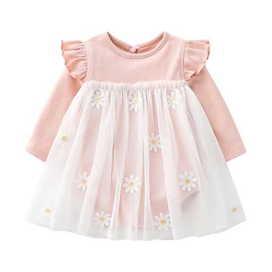 MyKids-USA Baby Girls Floral Lace Patchwork Ruffle Long-Sleeve Bodysuit Dress, Pink