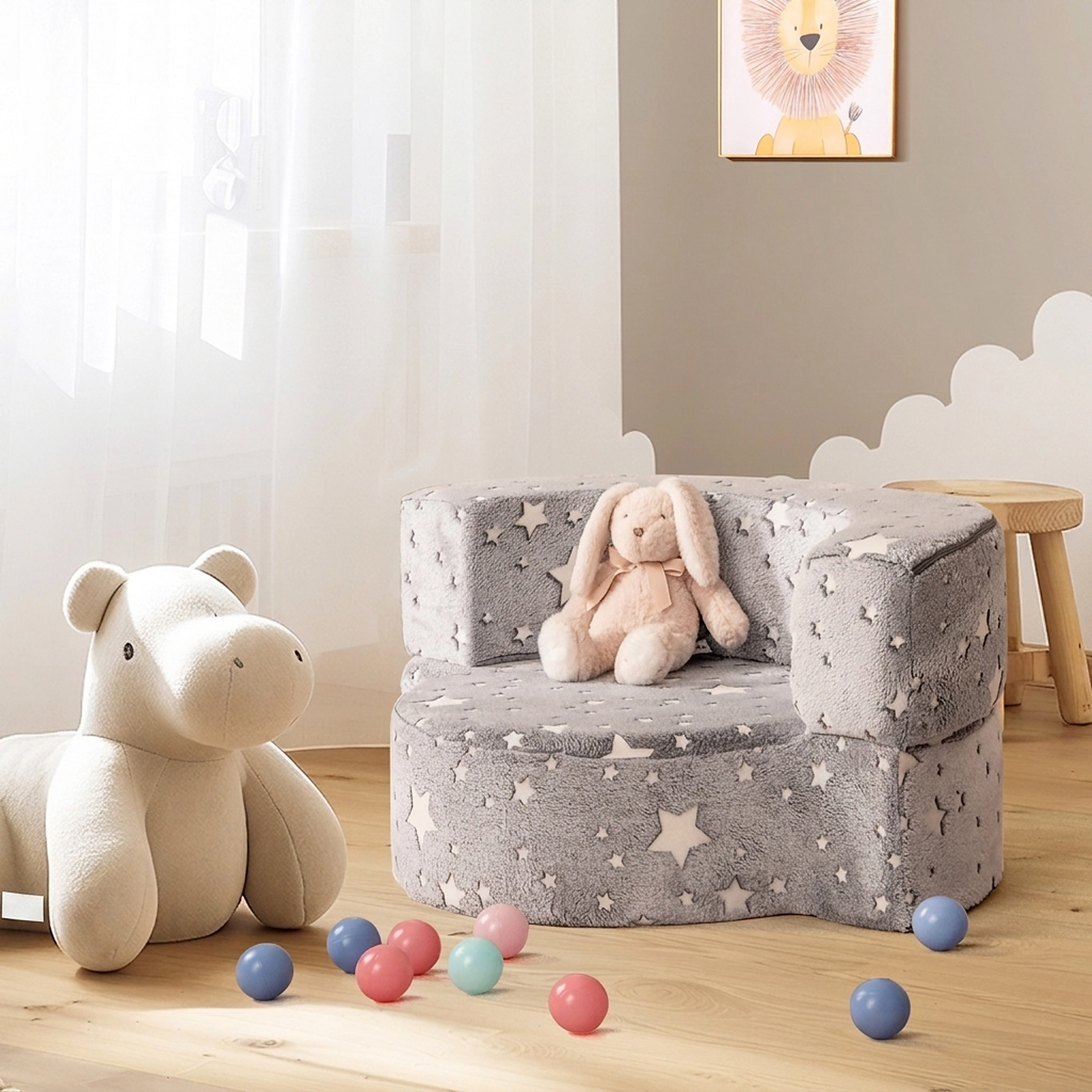 SUGIFT Gray 2-in-1 Toddler Couch with Glow-in-the-Dark Stars