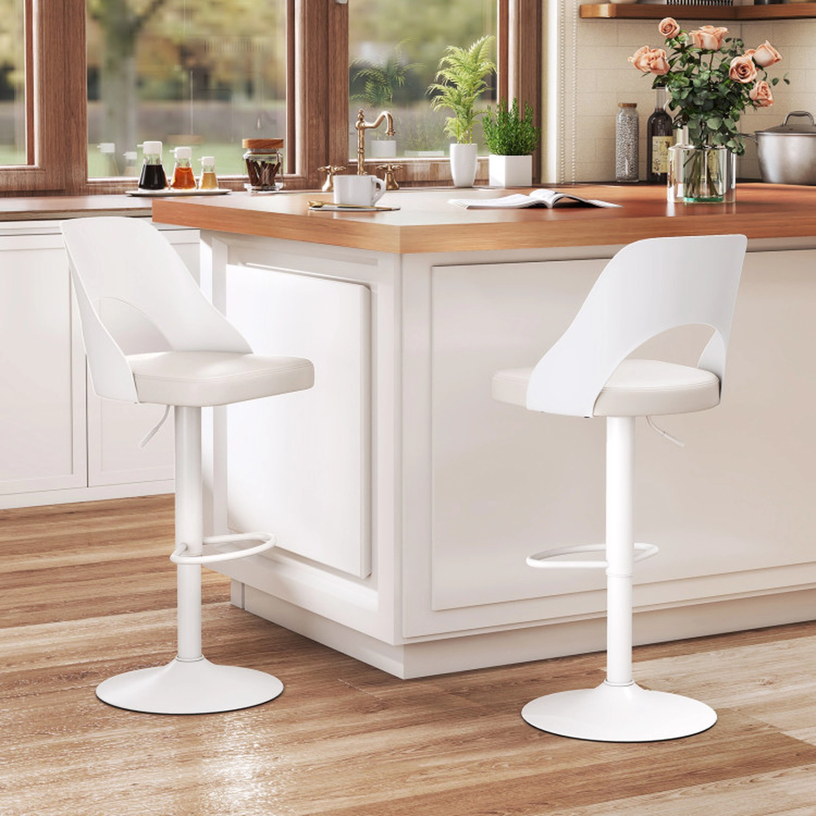 SUGIFT Set of 2 Adjustable Swivel Bar Stools, PU Leather, Counter to Bar Height