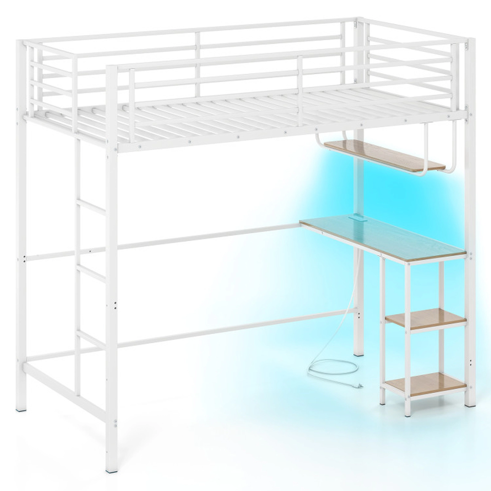 SUGIFT Twin 485-lb Capacity White Metal Loft Bed with Desk Charging Station LED Lights Shelves and Guardrail