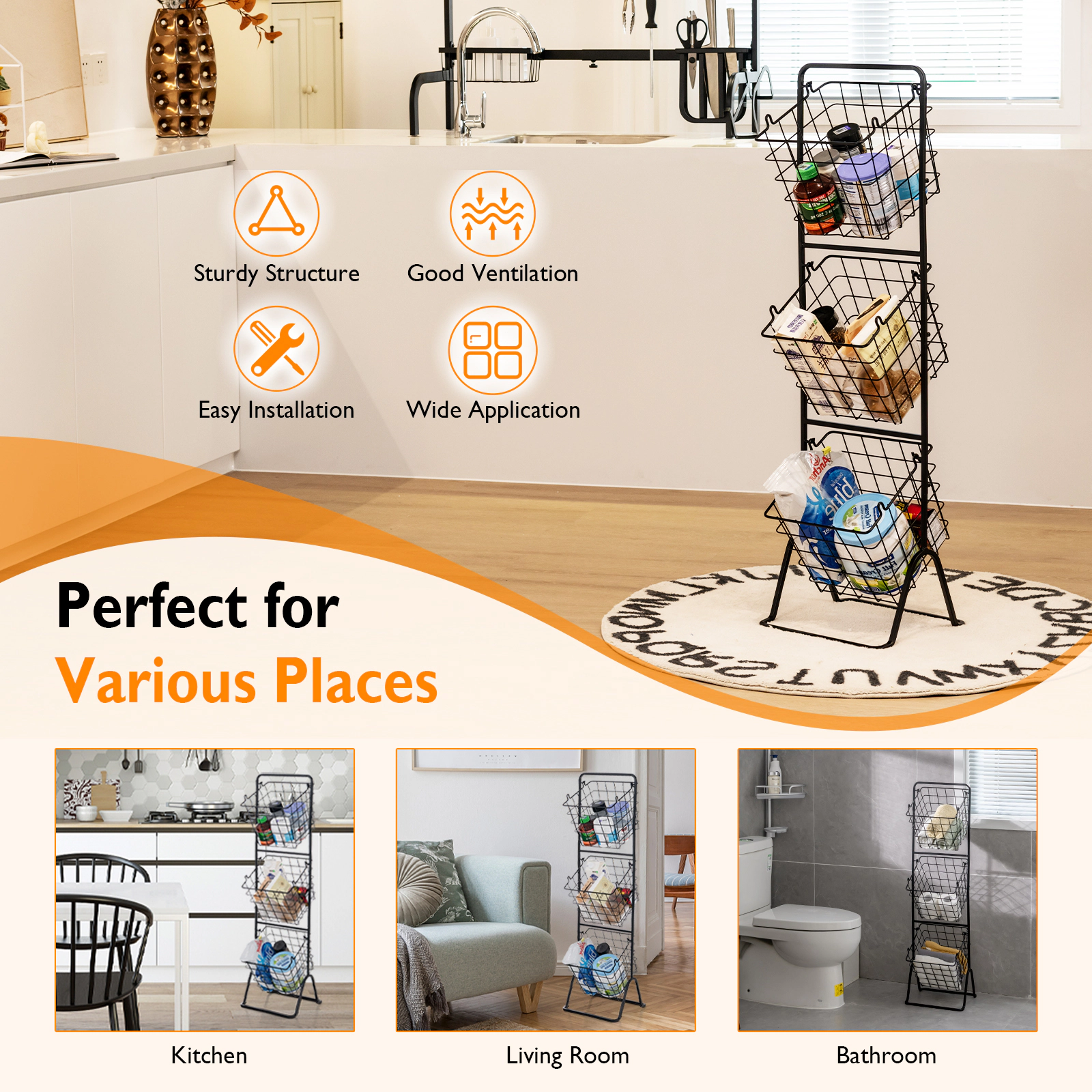 LJG 3-Tier Fruit Basket Stand with Adjustable Heights
