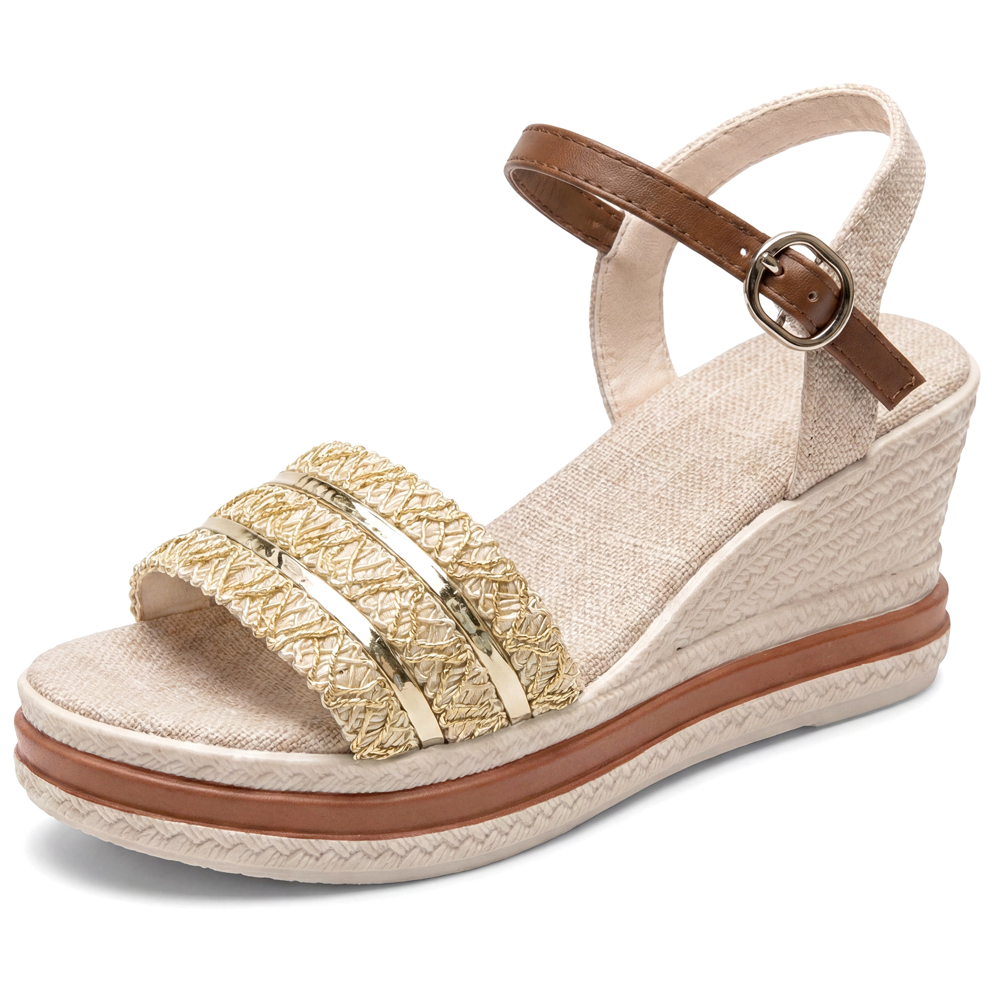 BLISSFUL STEP Women's Faux Leather Rubber Plaid Buckle Platform Peep-Toe Sandals