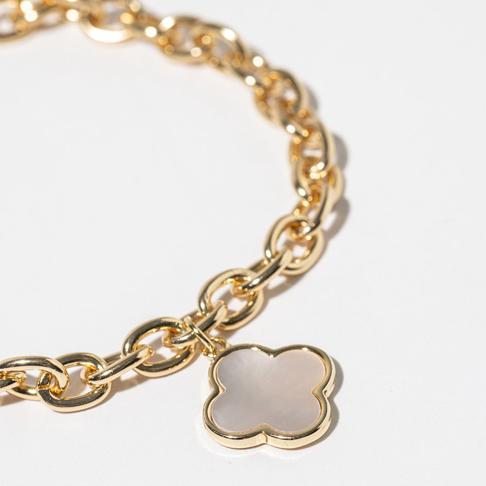 FASHNZFAB Gold Dipped Mother of Pearl Quatrefoil Charm Accent Chain Link Magnetic Bracelet