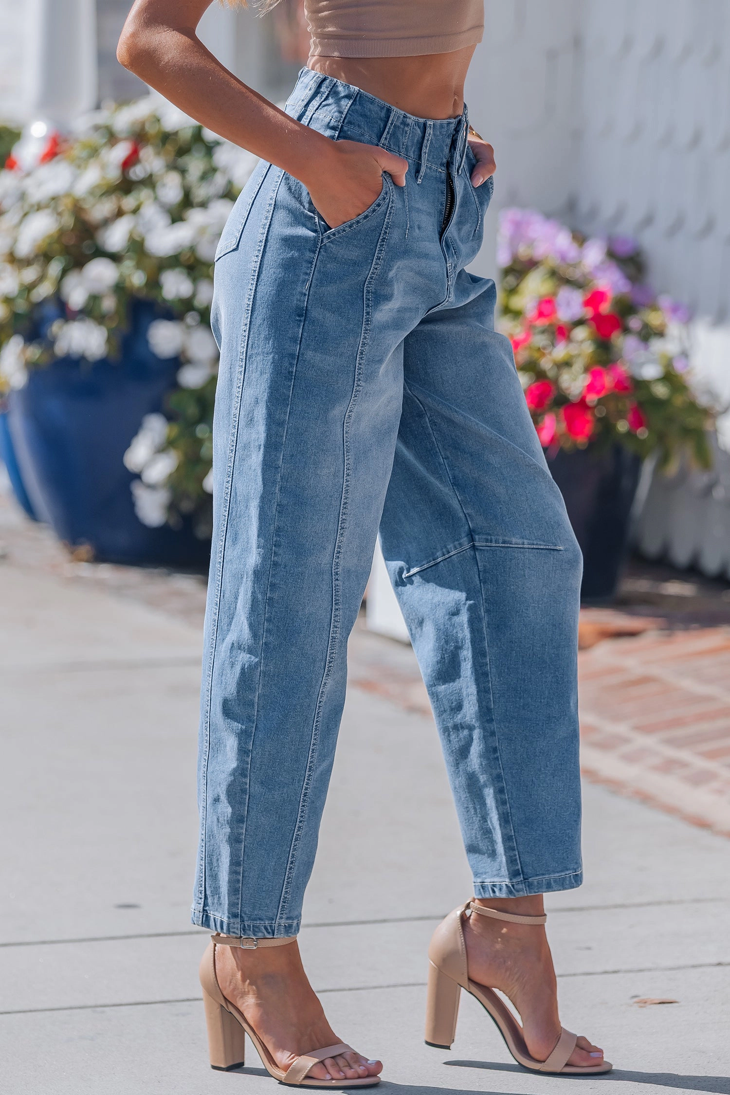 Threaded Pear Womens Hana Wash Cuffed Barrel Jeans - Mid Rise Sky Blue