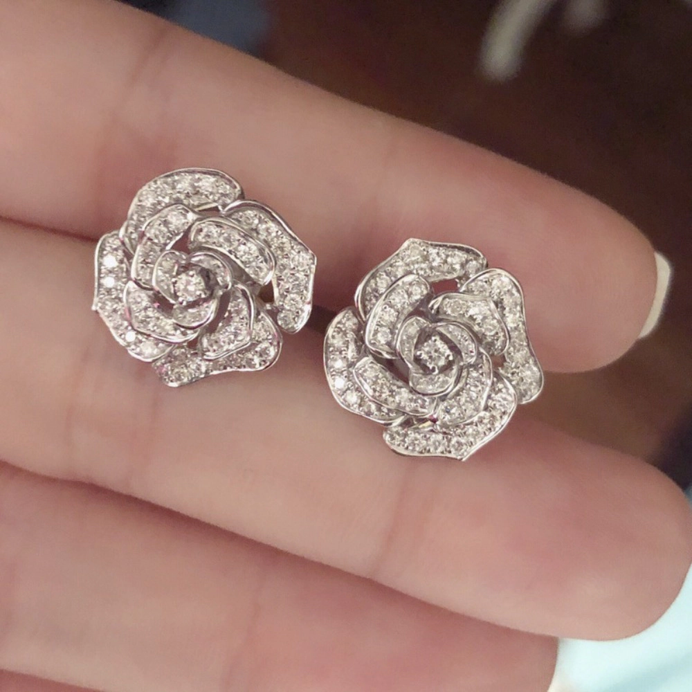Wardrobe Whimsy Womens Pave Cubic Zirconia Rose Flower Luxury Floral Earrings