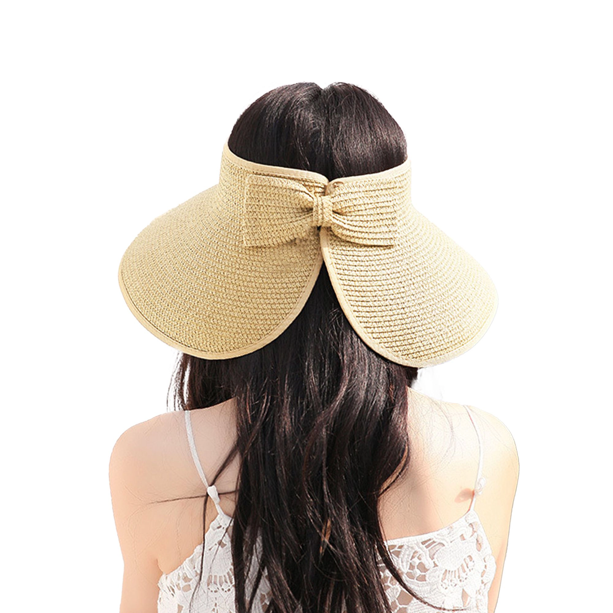 Anna-Kaci Women's Wide Brim Visor Hat with Bow Detail Adjustable Velcro Closure for Beach or Outdoor Protection - Rose