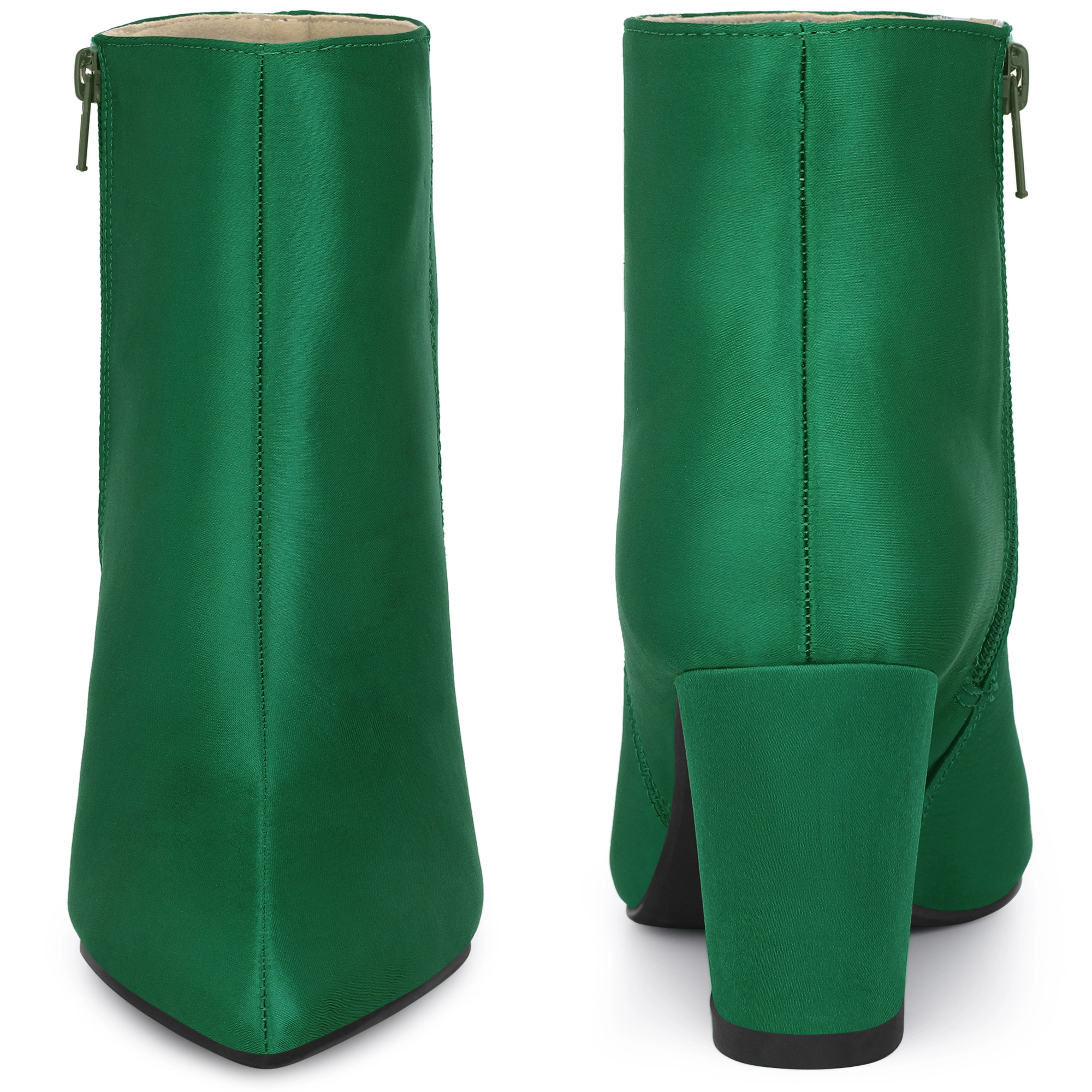 BLISSFUL STEP Women Satin Pointed Toe Chunky Heel Ankle Boots Party