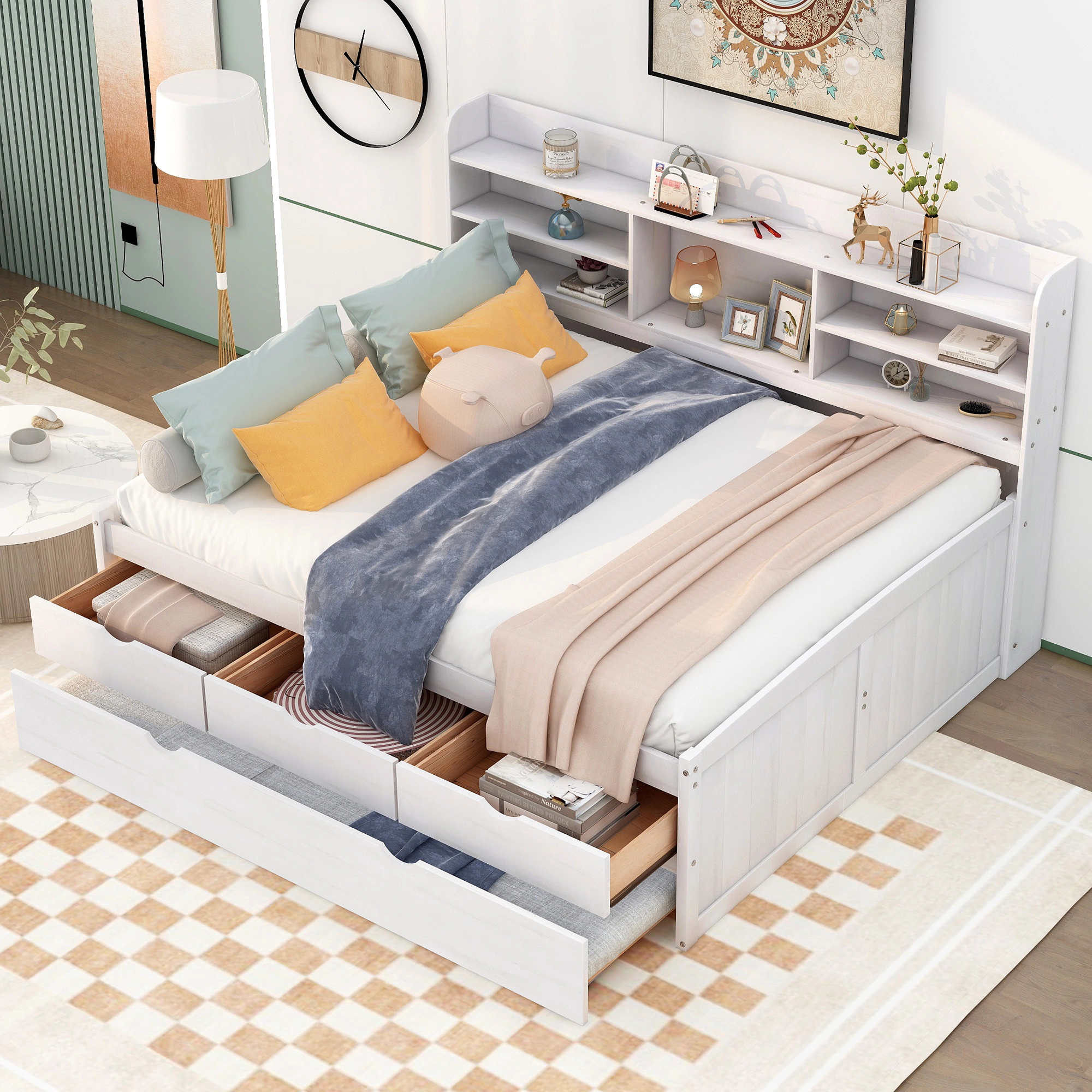 Flynama Full Wooden Captain Bed with Bookshelves, 3 Drawers & Trundle, White Wash