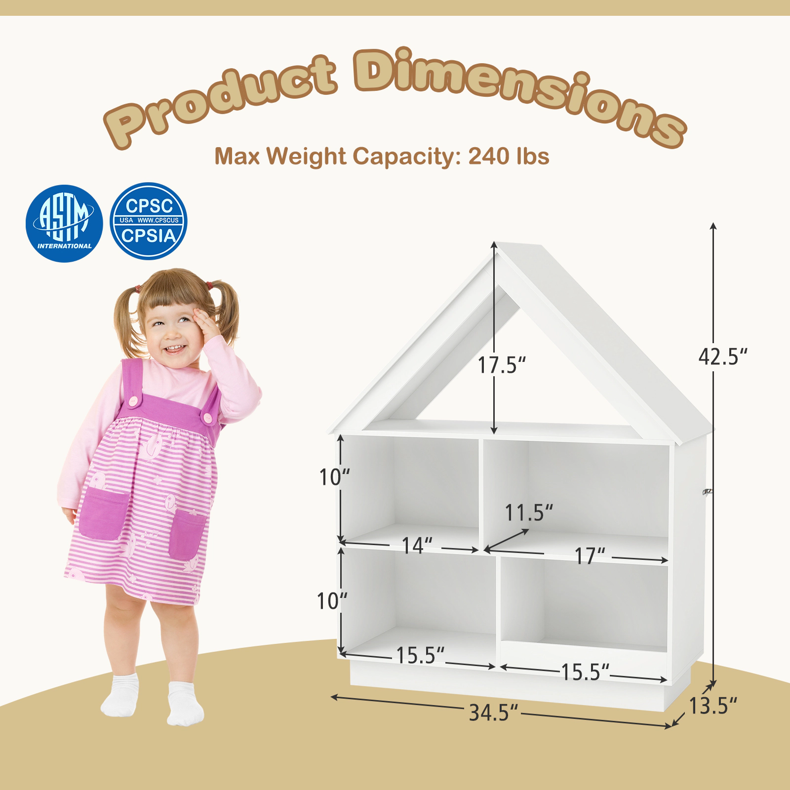 SUGIFT 3-Tier House-Shaped Toy Storage Organizer Dollhouse Bookshelf 240-lb Capacity Natural/White