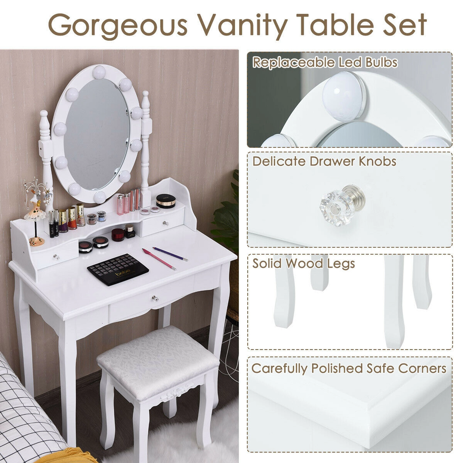 SUGIFT Oval Mirror Vanity Set with 10 Dimmable LED Bulbs Memory Function and 3 Crystal Handle Drawers